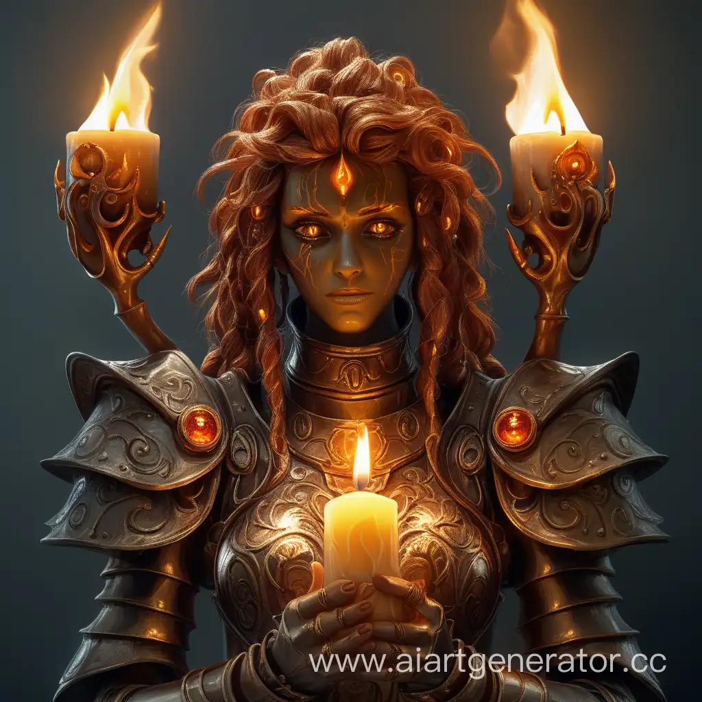 The wax golem-candle. Woman. With flaming hair. The face is completely dark. Only the glowing eyes are visible. In light armor made of bronze.