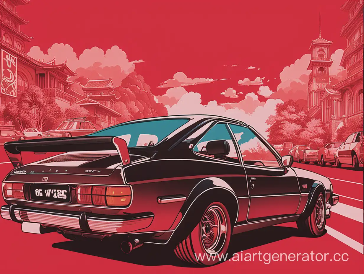 постер аниме на красном фоне с автомобилем
