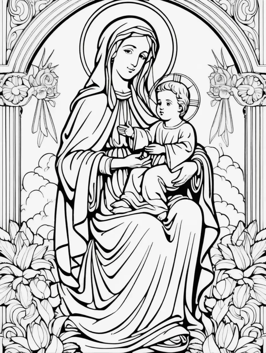 Virgin Mary Holding Baby Jesus Coloring Book Page