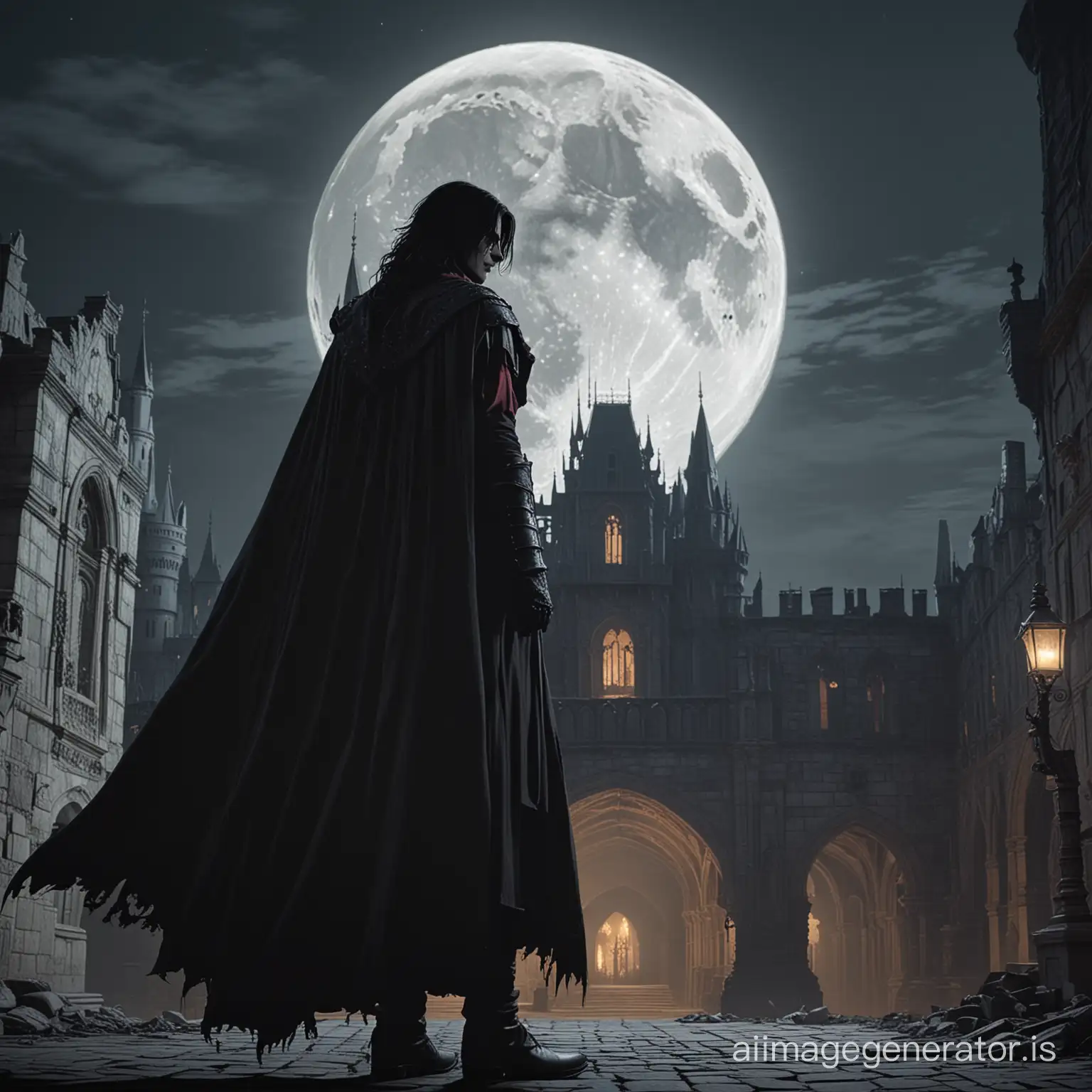 Alucard in frayed cloak standing in a castle courtyard, the castle is in ruins. The moon is visible above the castle