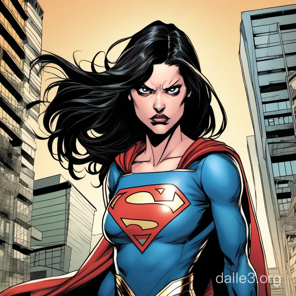 Supergirl with black hair, while looking angry