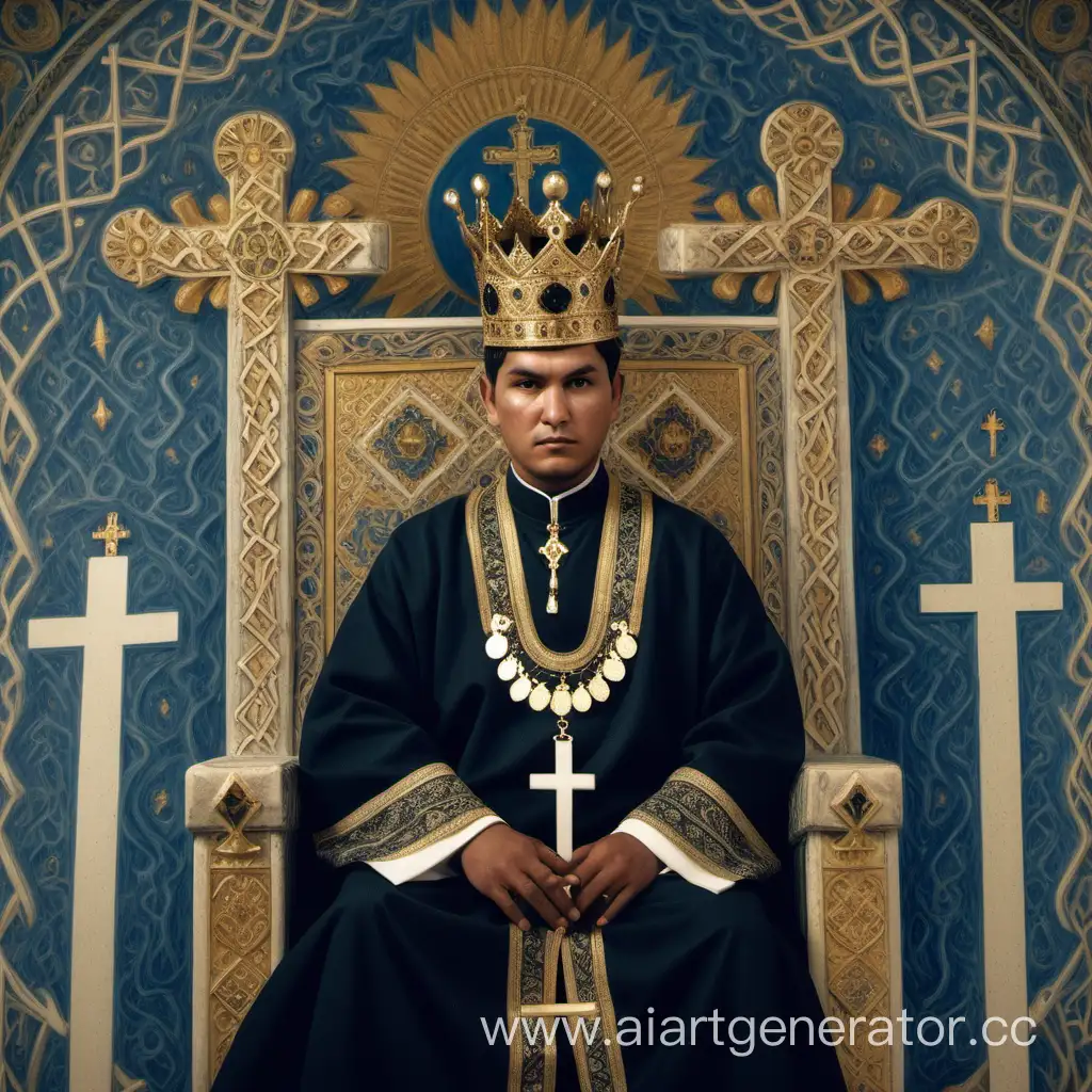 Узбек, со смуглой черноватой кожей с короткой черной стрижкой, в короне, на троне, с КРЕСТОМ божьим в руках