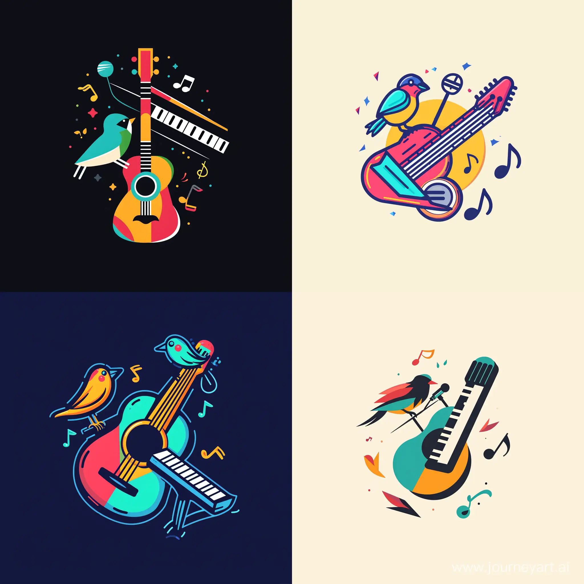 красочный логотип в стиле минимализм. посередине гитара под наклоном и вместо струн гитары пианино, а дырка на гитаре в виде микрофона. на гитаре сидит птичка и поёт, вокруг ноты
