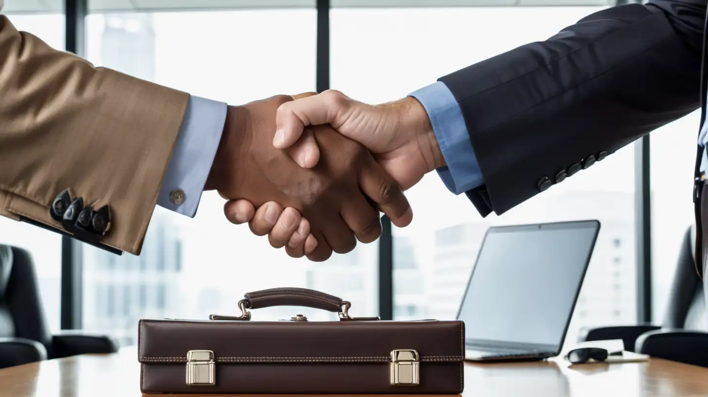 A close-up shot of two businessmen's hands clasping in a handshake, briefcases hanging from their arms, in a high-end office with minimalist decor.