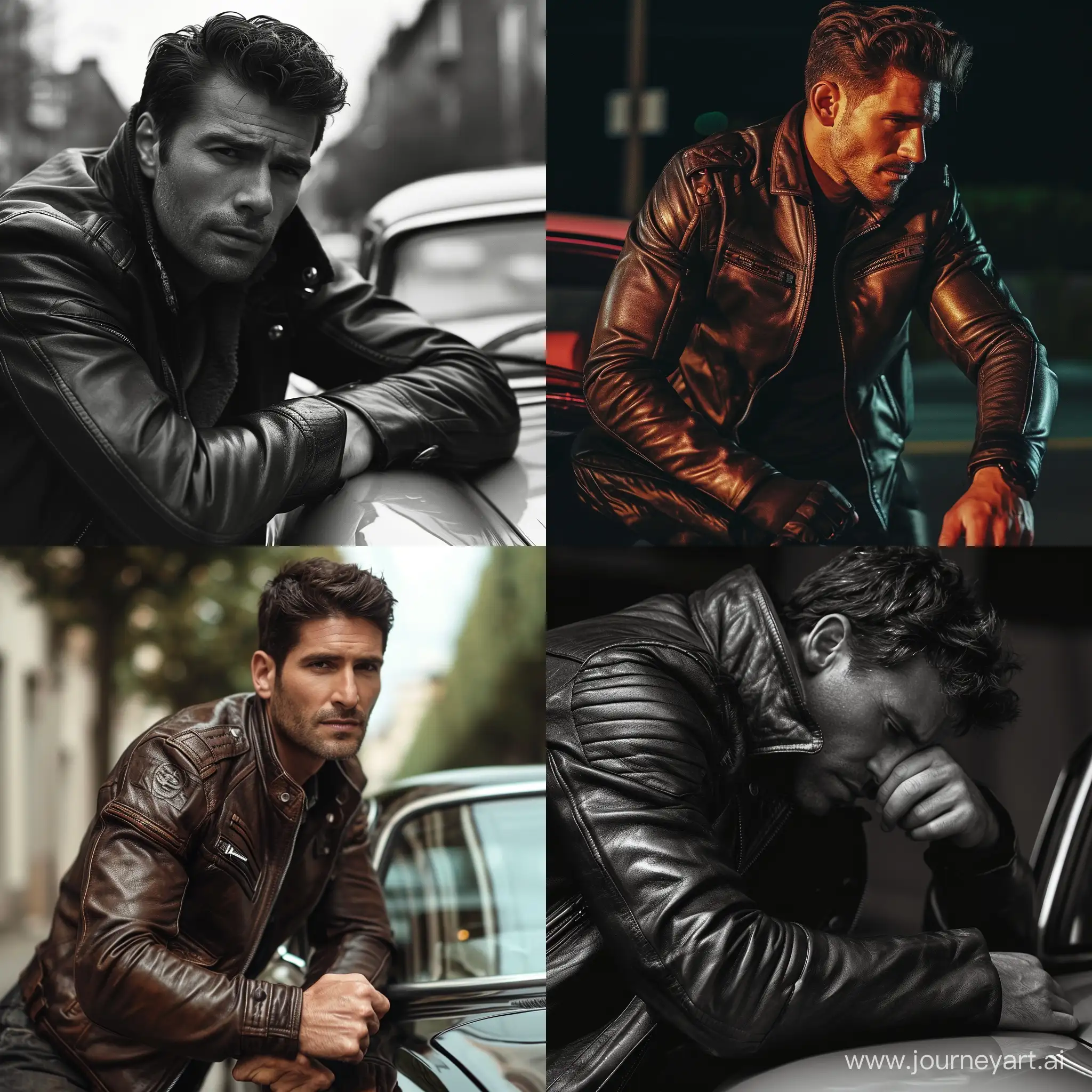 Stylish-Man-Leaning-on-Car-in-Trendy-Leather-Jacket