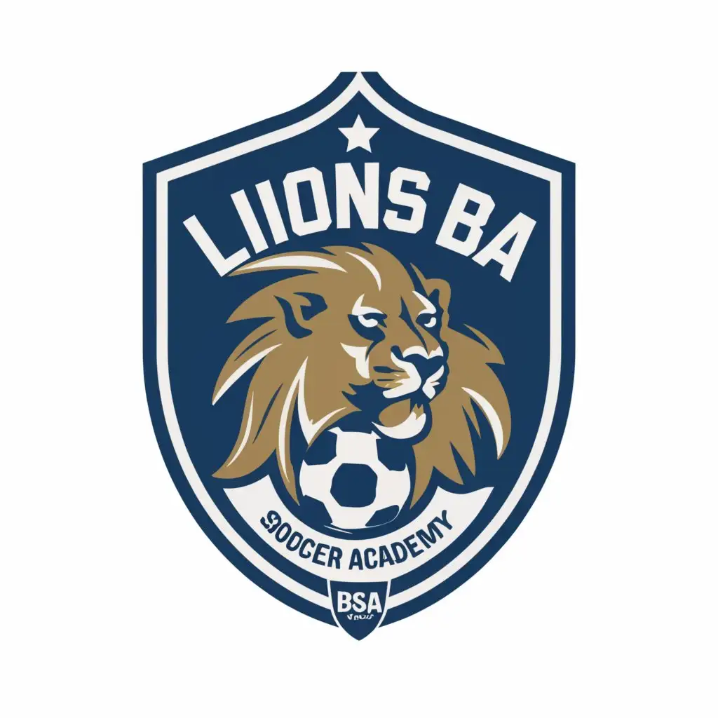 a logo design,with the text "LIONS BSA ''''BUFORD SOCCER ACADEMY", main symbol:LOGO FOR FOOTBALL ACADEMY I would like it to have the logo of a Lion figure, I am also open to considering other animals like Zorro FOX or even some other,Moderate,clear background