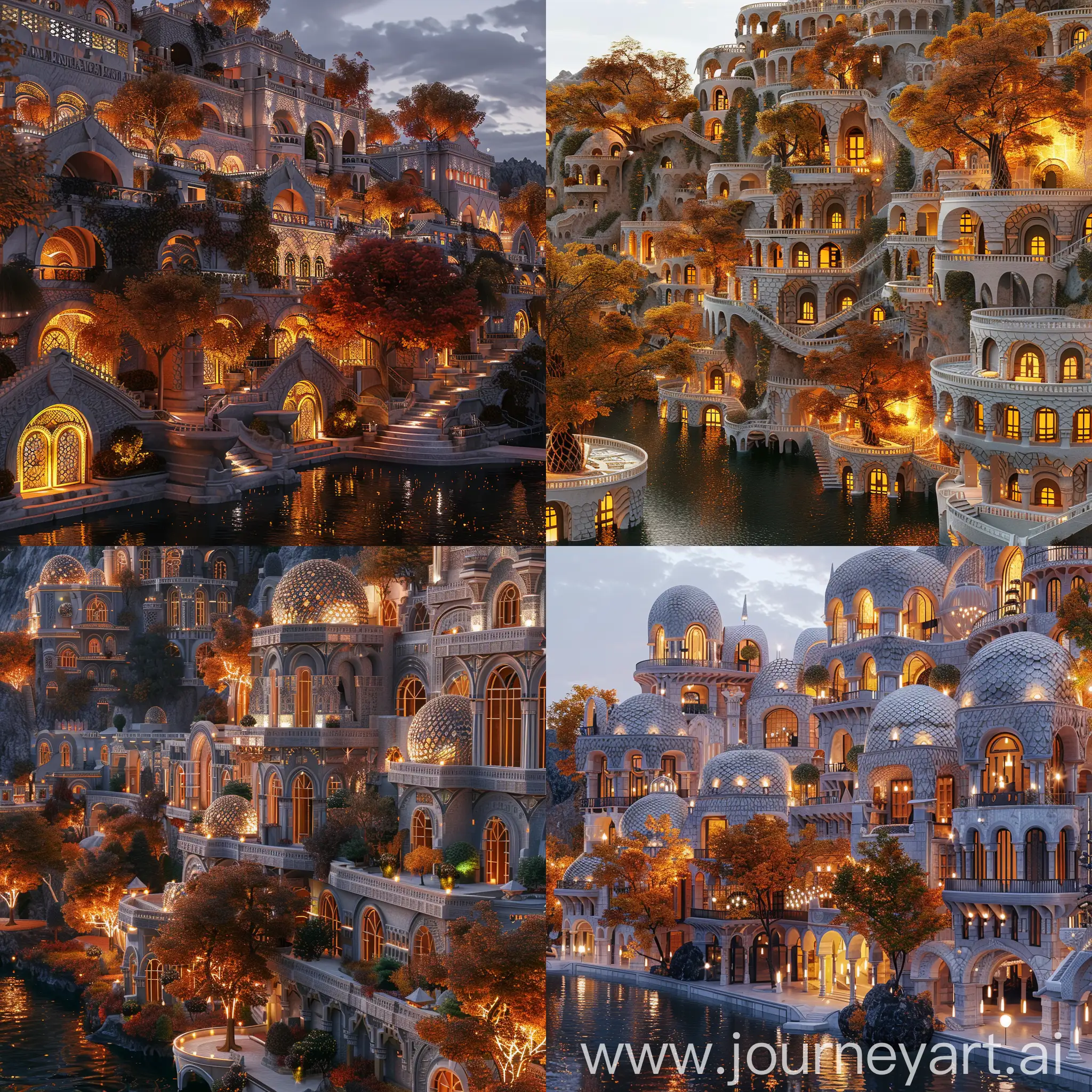 Beautiful futuristic Aluma City in an alternate timeline where all buildings retain traditional elements, ornate travertine architecture with scale-like patterns on facades and illuminated trees, monumental terraced buildings, canals, autumn, photograph