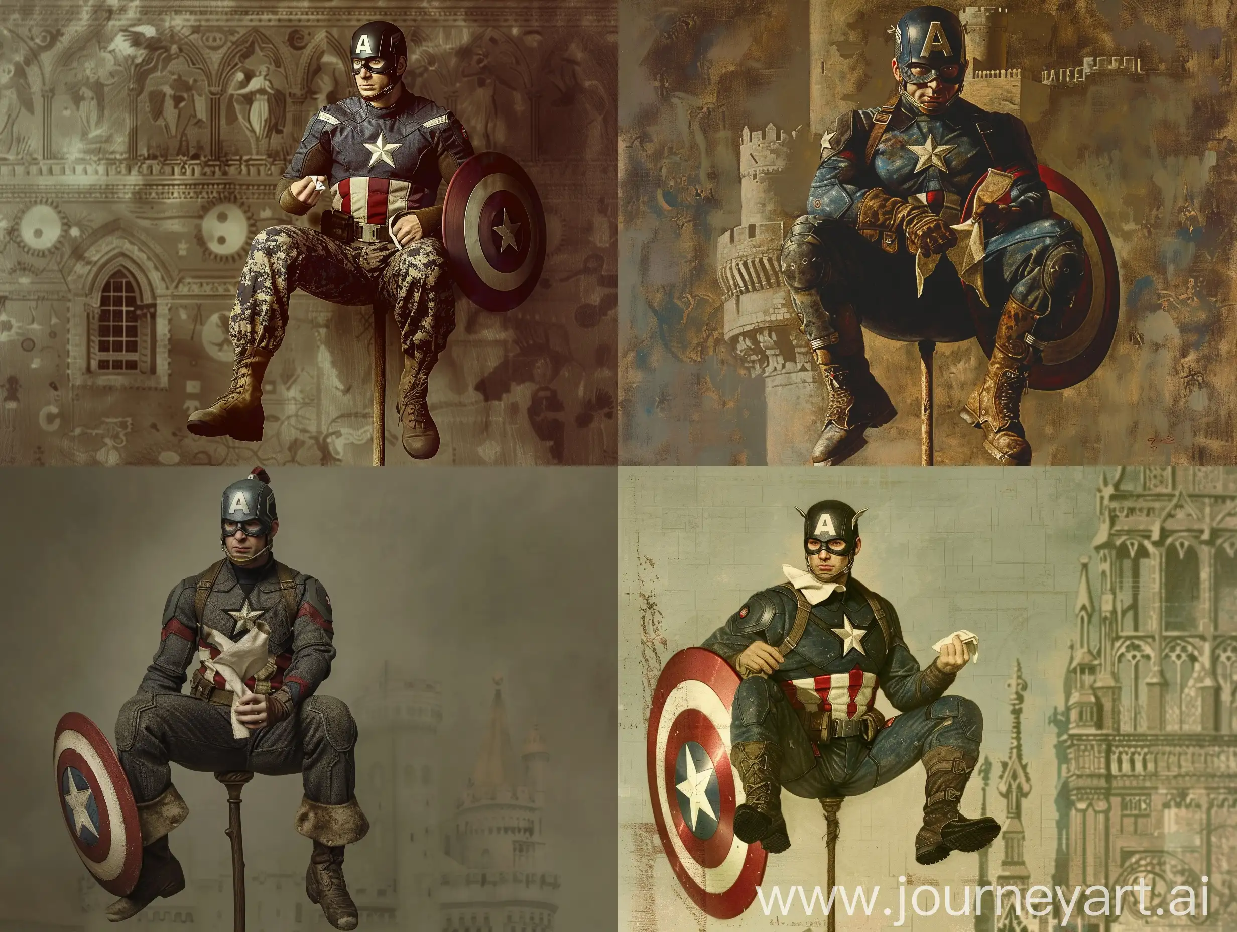 captain america is a marvel character, american is wearing 80s military uniform, captain american is wearing cameltoe military uniform, captain american is like a crusader, captain american has a 15th century castle type shield, shield on captain's left leg It is American, the American captain has a handkerchief in the fingers of his right hand, the American captain is sitting on a stick. Alone, Captain America is in Camelot Palace in the 15th century, the lighting is classical style, the Witcher is Persian Prince style, Captain America's face is neither happy nor sad, excellent quality, very clear. , very real, q2.