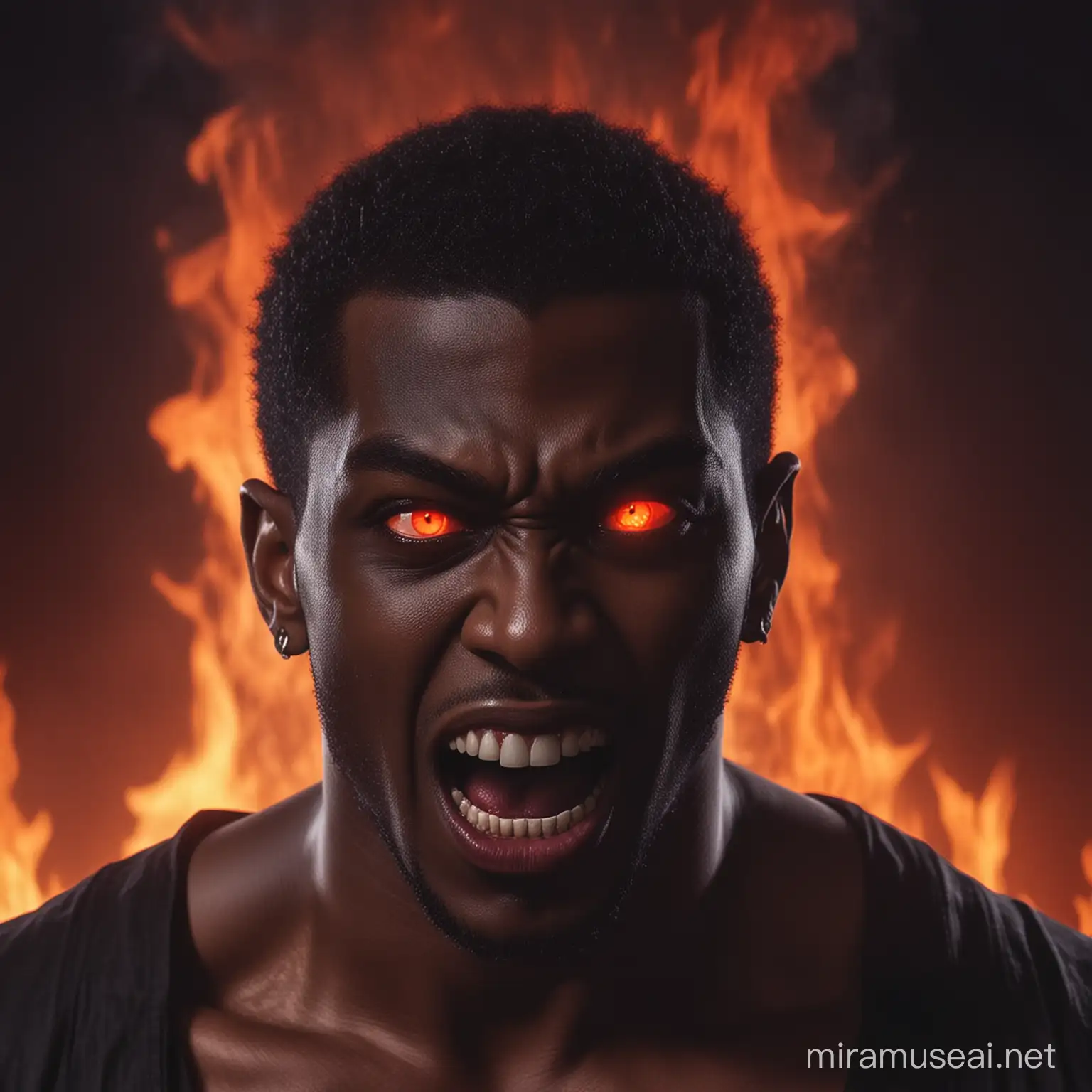 black Vampire man, mouth open, fangs showing, glowing red eyes, fire in the background

