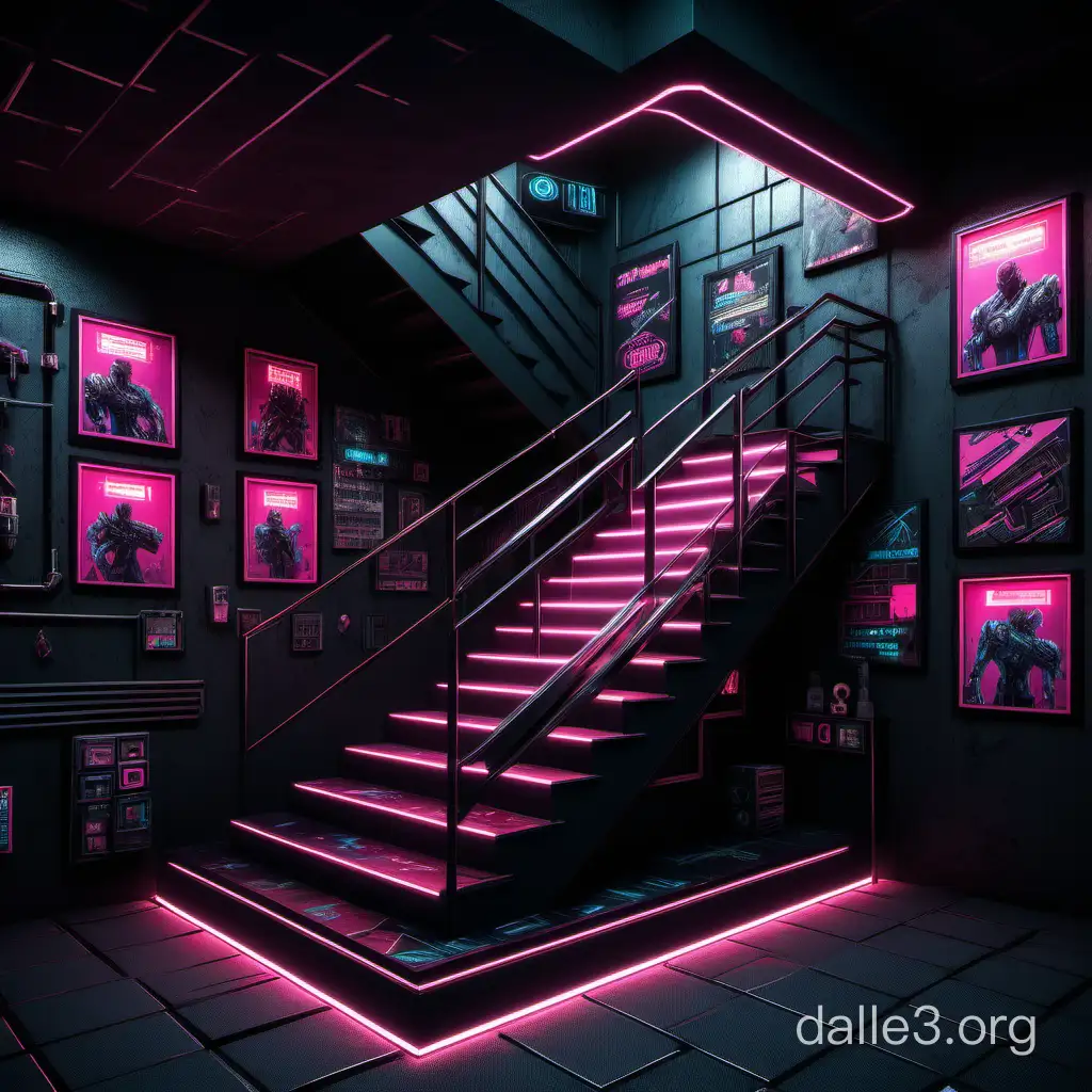 staircase with two flights, in style game cyberpunk which is located in the cyber club without neon The base should be calm: different shades of black, simple textures and muted geometry are best suited. The atmosphere of a riot of colors is created by small elements — posters, figurines, signs and lighting. The more accent details, the better. WITHOUT PINK COLOR