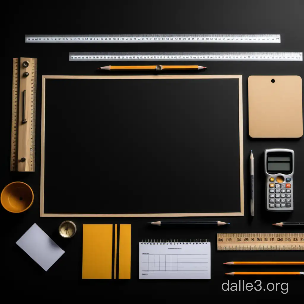"Design a mood board using only suggestive tools like a folding ruler, pencil, notebook, and have the image set against a black background, for a web presentation highlighting architectural services, with a focus on building types and building passports."