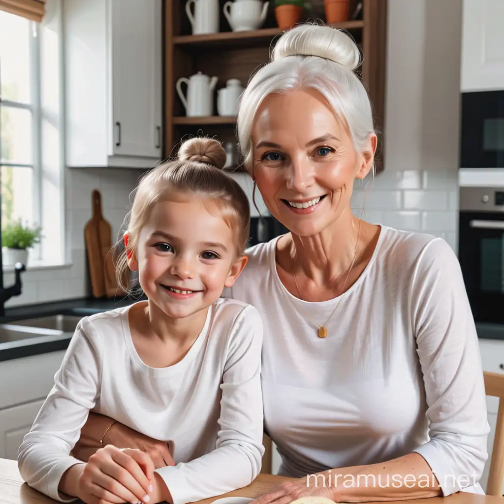 two slender, pale white older married women white hair in a bun, wearing full sleeve thin fabric white t shirt dresses, sitting with their grand-daughter at the kitchen table, smiling