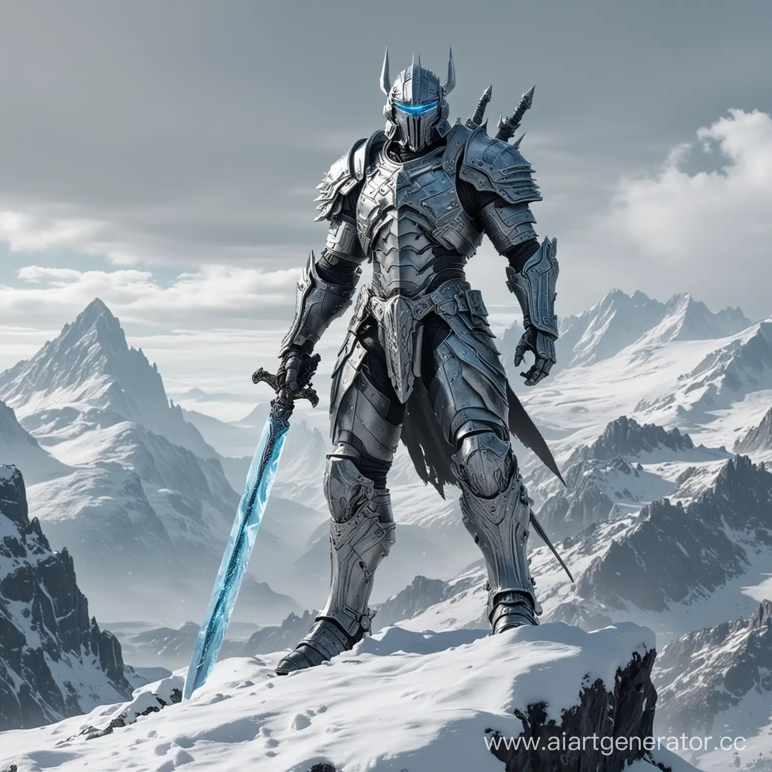 Ледяной рыцарь с мечом в стиле киберпанка стоит на вершине снежной горы