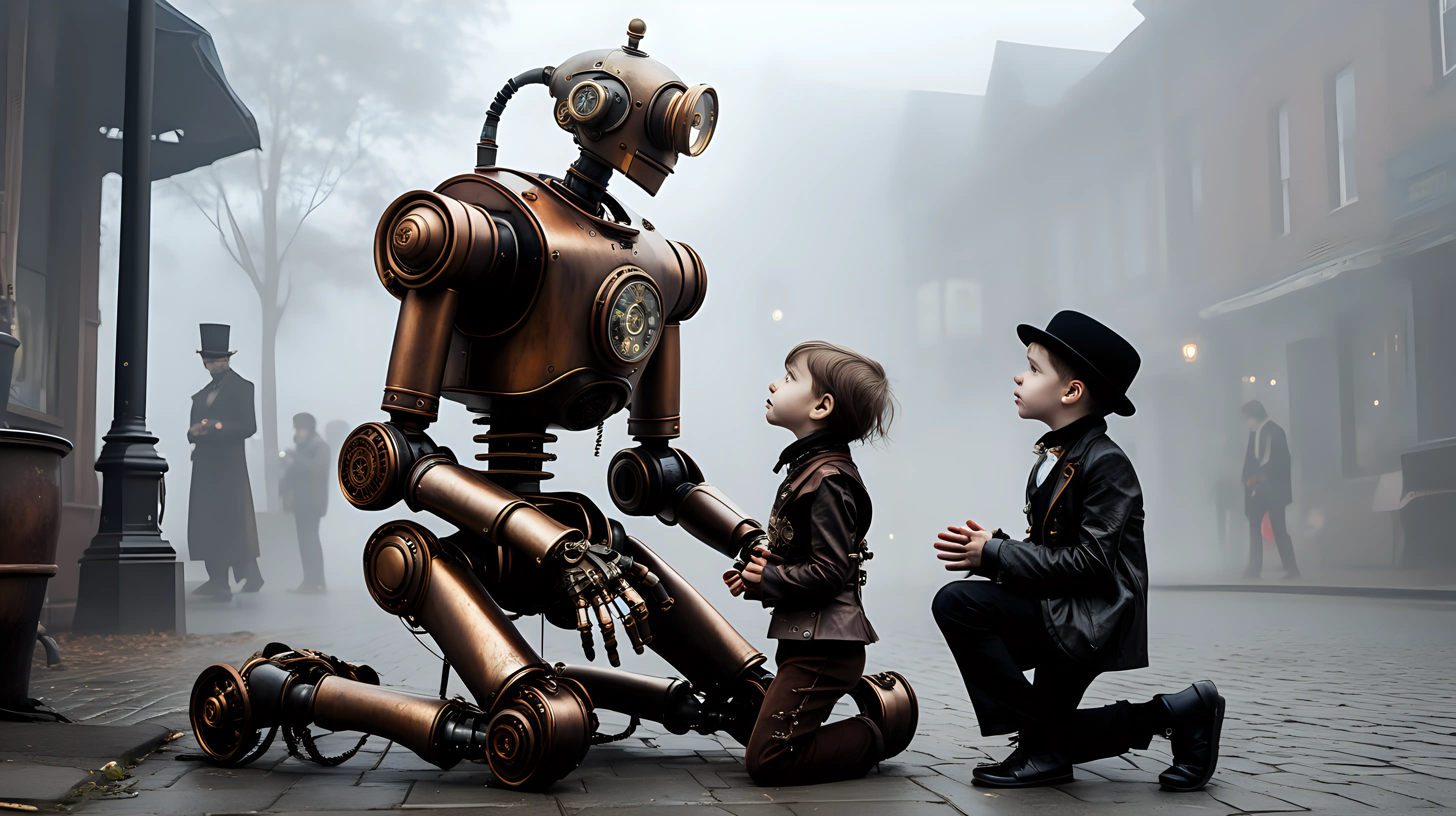 Steampunk robot kneeling, talking to a child, fog, street