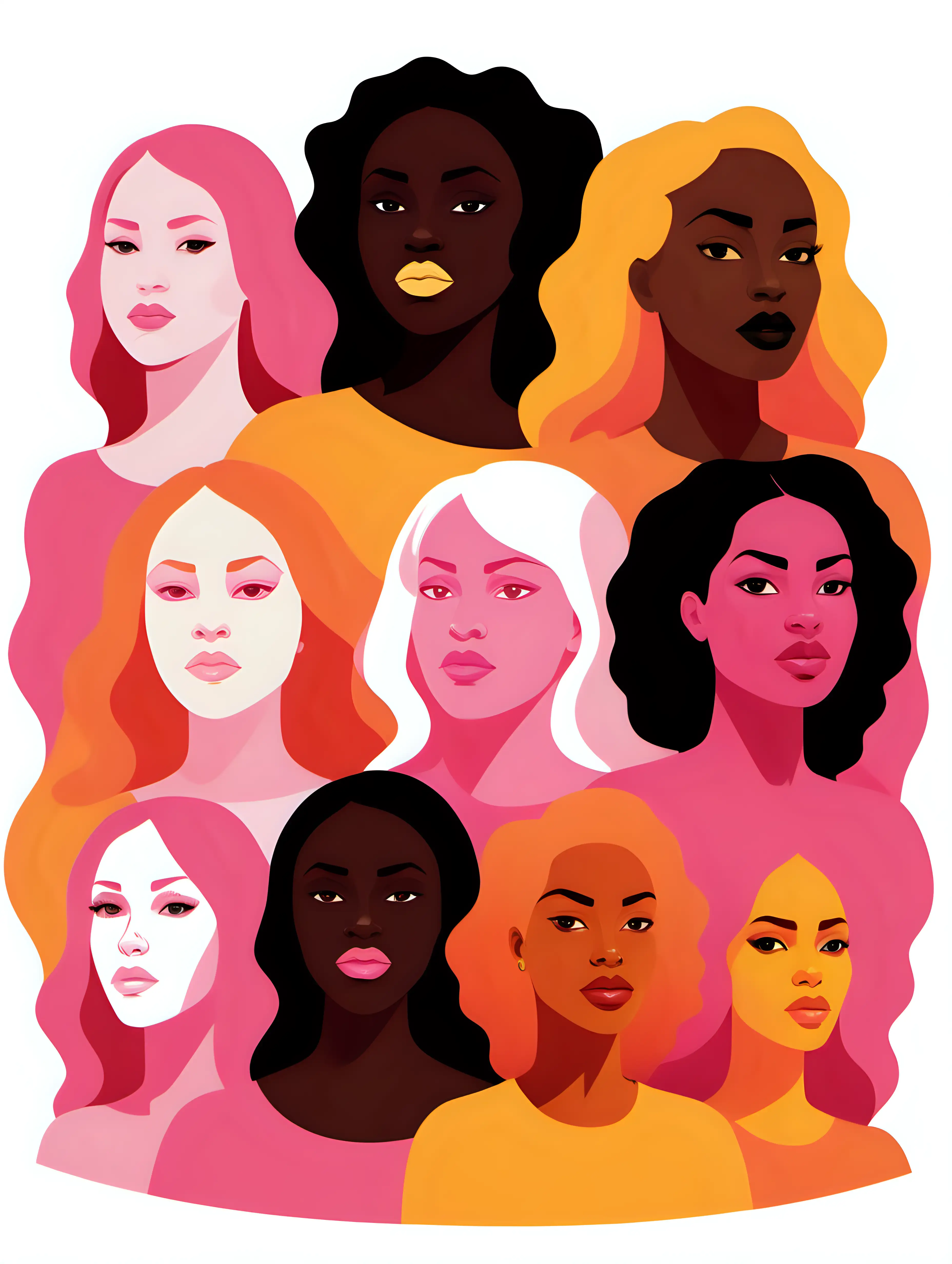 
pink, yellow and orange colors, kunstverk som viser kraften av kvinners stemmer i samfunnet, feminisme, mangfold og styrke,  brown or black female, white background