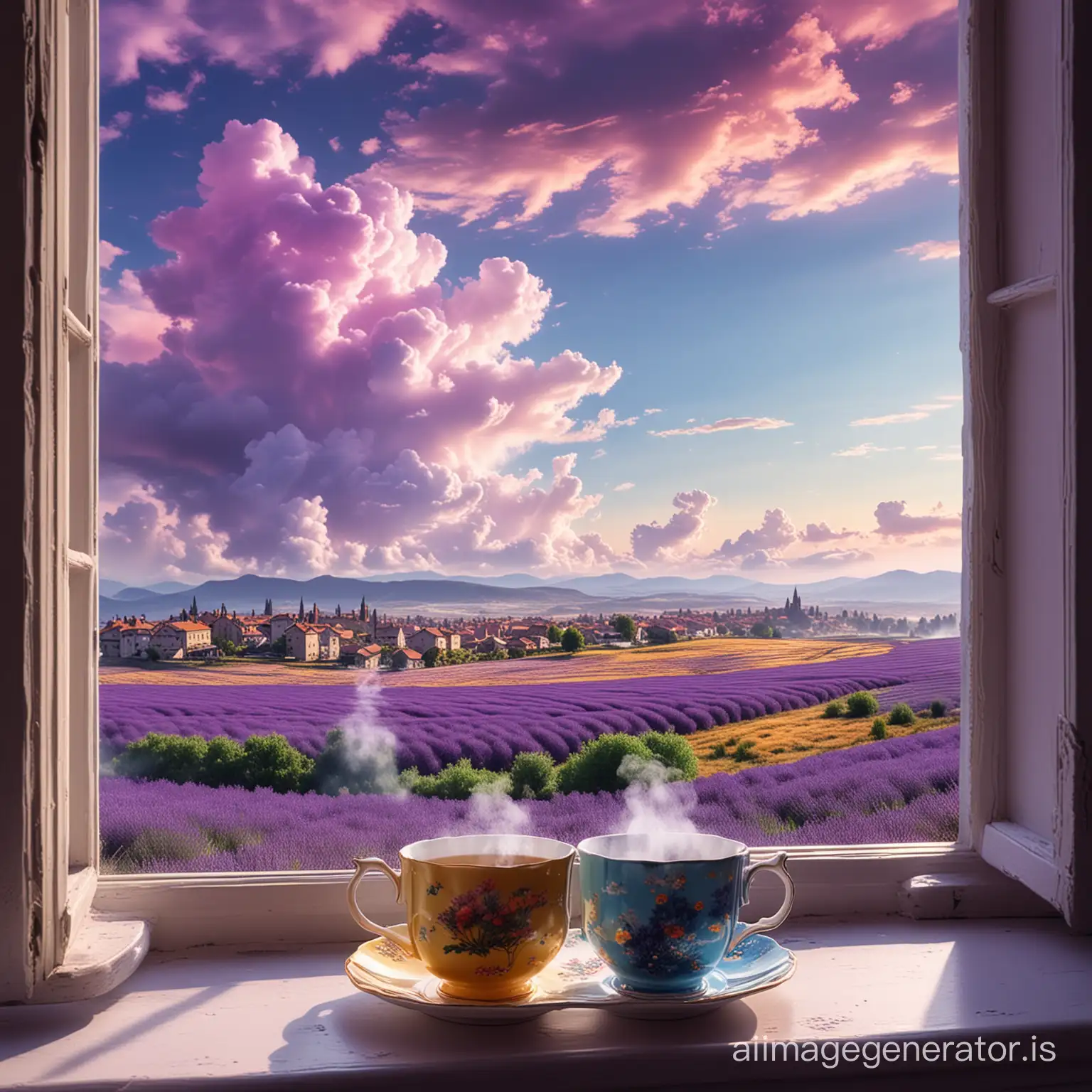 Psychedelic fantasy style, on the windowsill of an open window stands an exquisite tea cup, from which comes steam, moving away from the cup, the steam becomes multicolored, turning into huge lavender colored clouds, looming over the fields and cities