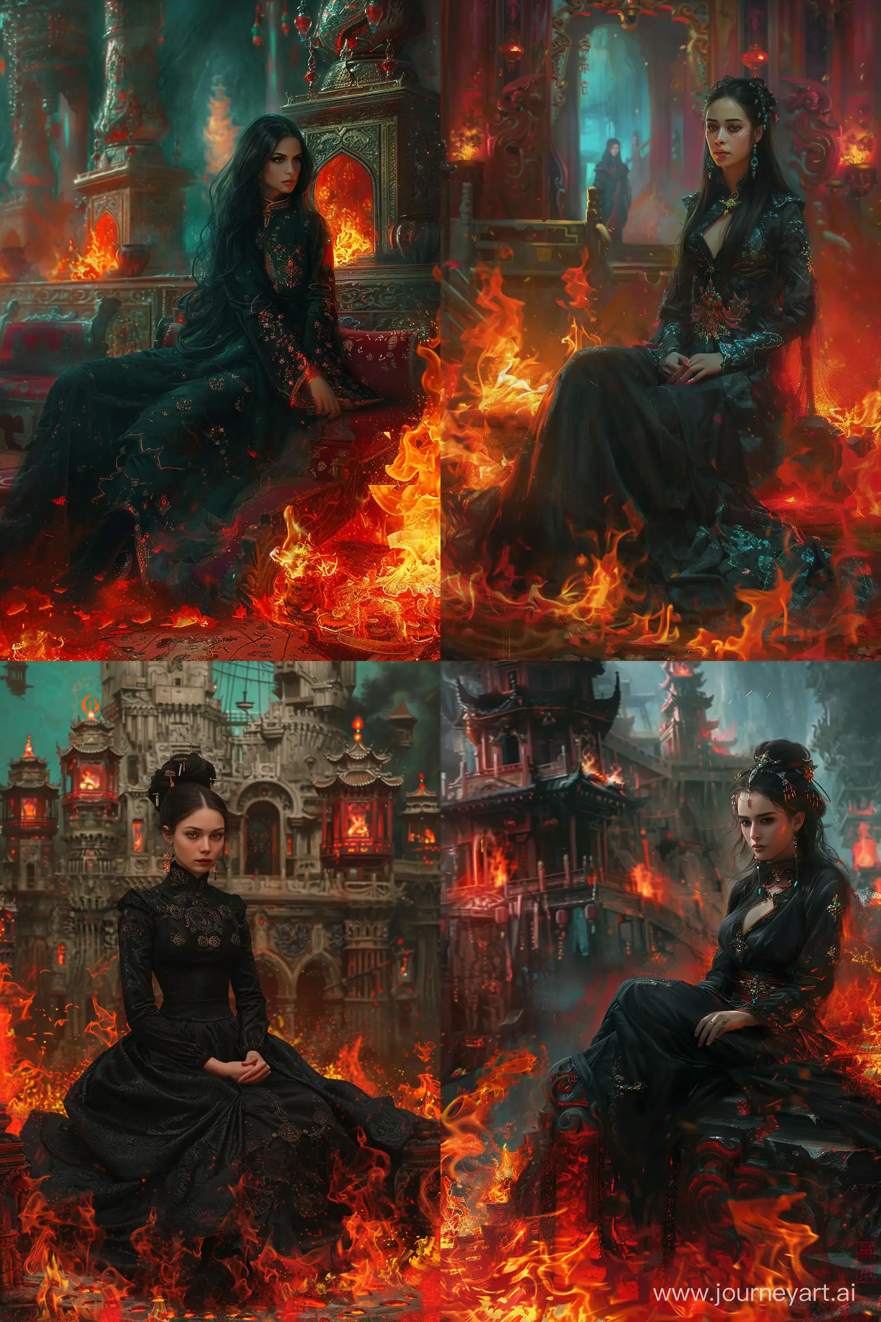 1 a lady in black sitting on fire, in a firey castle, in the style of realistic hyper-detailed portraits, kushan empire, hyperrealistic sculptures, intricate costumes, red and aquamarine, dmitri danish, chinese iconography --ar 85:128