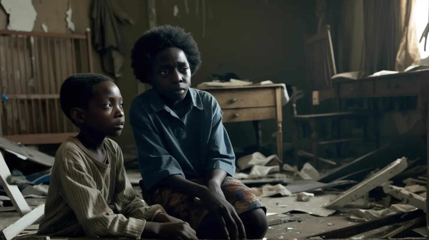 A black african kid next to a sad old black woman in a dilapidated room, furniture scattered all over.