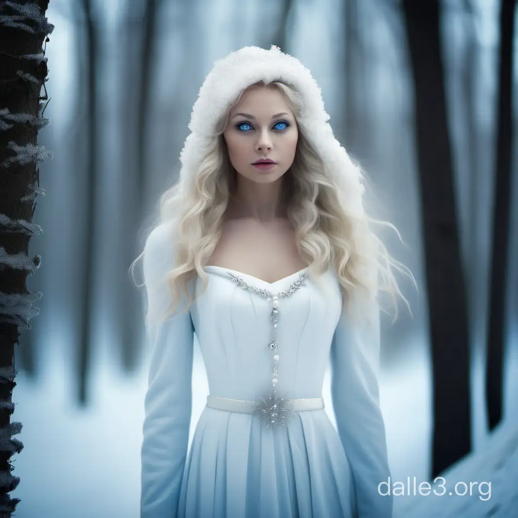 Беловолосая женщина идет по зимнему лесу. У нее голубые грустные глаза и бело-жемчужное платье. Реалистичное изображение. 