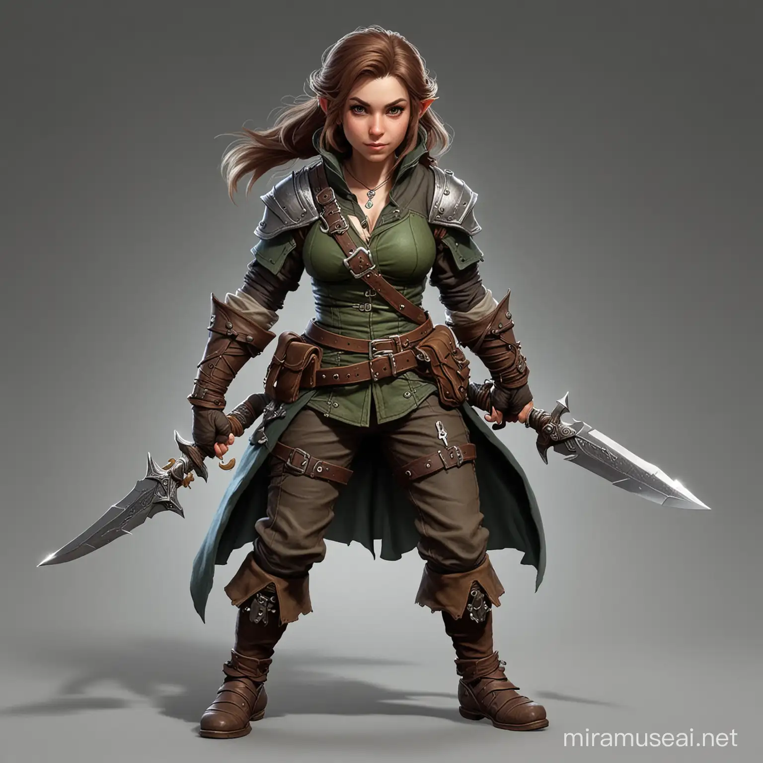 dnd female halfling rogue with daggers mean looking