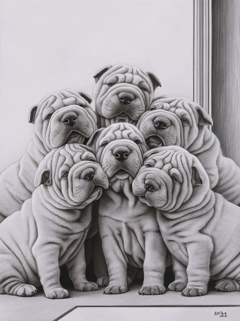 A striking minimalist pencil drawing captures the adorable moments of ten cute and quirky Chinese Sharpei puppies taking a selfie. They are depicted in a dynamic and playful pose, with their wool felt-style fur and expressive faces. The illustration is rendered in a smooth, fine-lined, and highly detailed style, showcasing the artist's exceptional skill in creating realistic and polished pencil lines and strokes. The side view of the puppies highlights their distinctive features, such as their large noses and thick eyebrows. The minimalistic background features subtle shading, adding depth to the artwork and emphasizing the puppies' playful antics., painting, illustration




