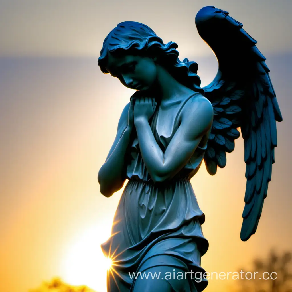 Sad-Angel-Sculpture-in-Sunset-with-Sunbeams
