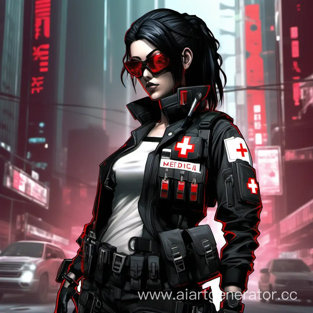 Cyberpunk-Medic-Girl-in-Black-Costume-with-Tactical-Gloves-and-Medical-Equipment