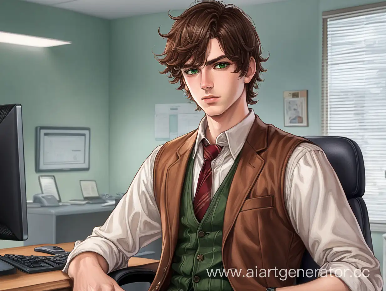 William is young man, he is detective, 24 years old, manipulative strategist, idealistic, humanistic, cold, kind-hearted, introverted, humble, quiet, bladen with high empathy and imagination, and have been extremely violent and depressive in past, dark green eyes, brown hair, he is 5'9, red tie, black vest, brown jacket, white shirt, office chair