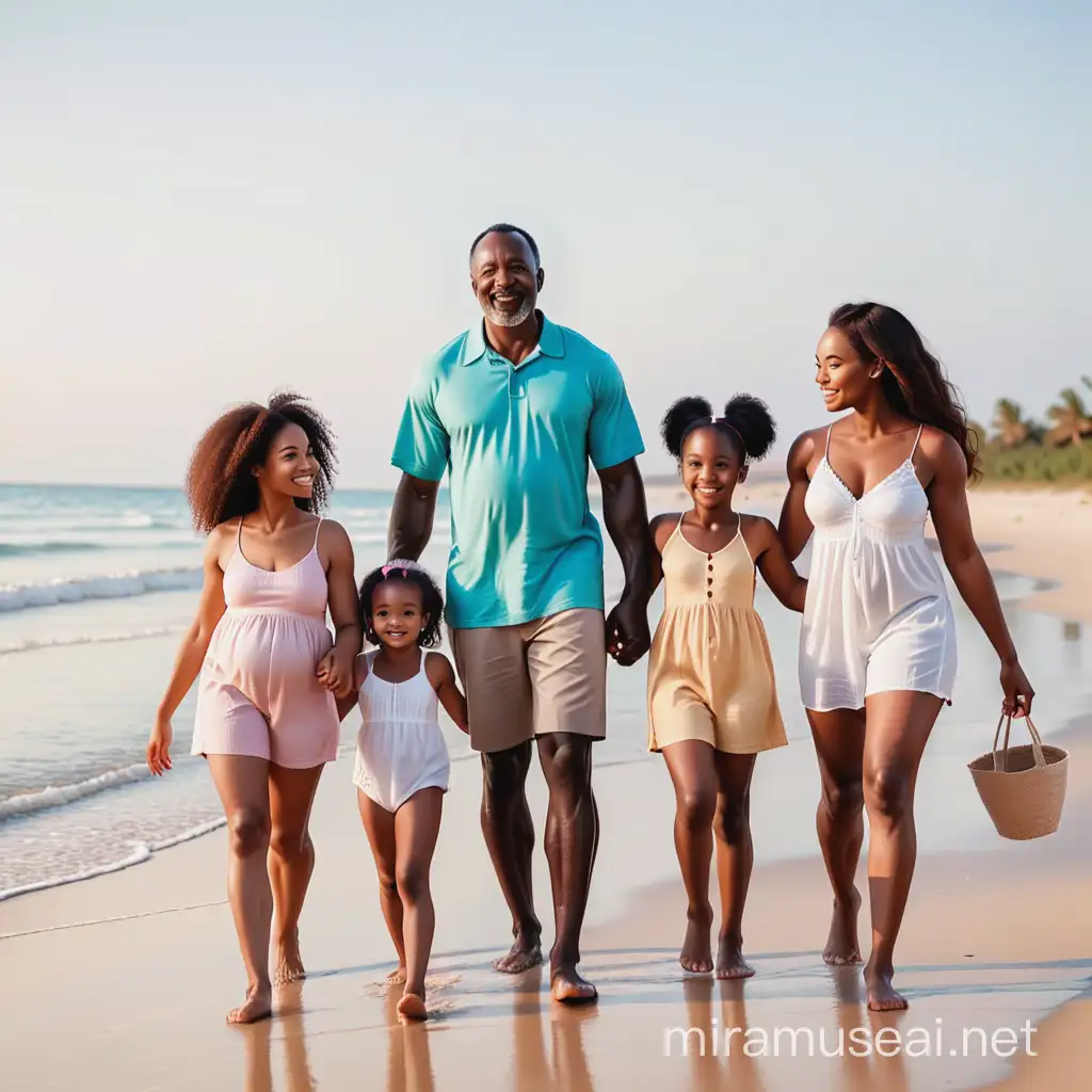 african father on beach with wife and three daughters
