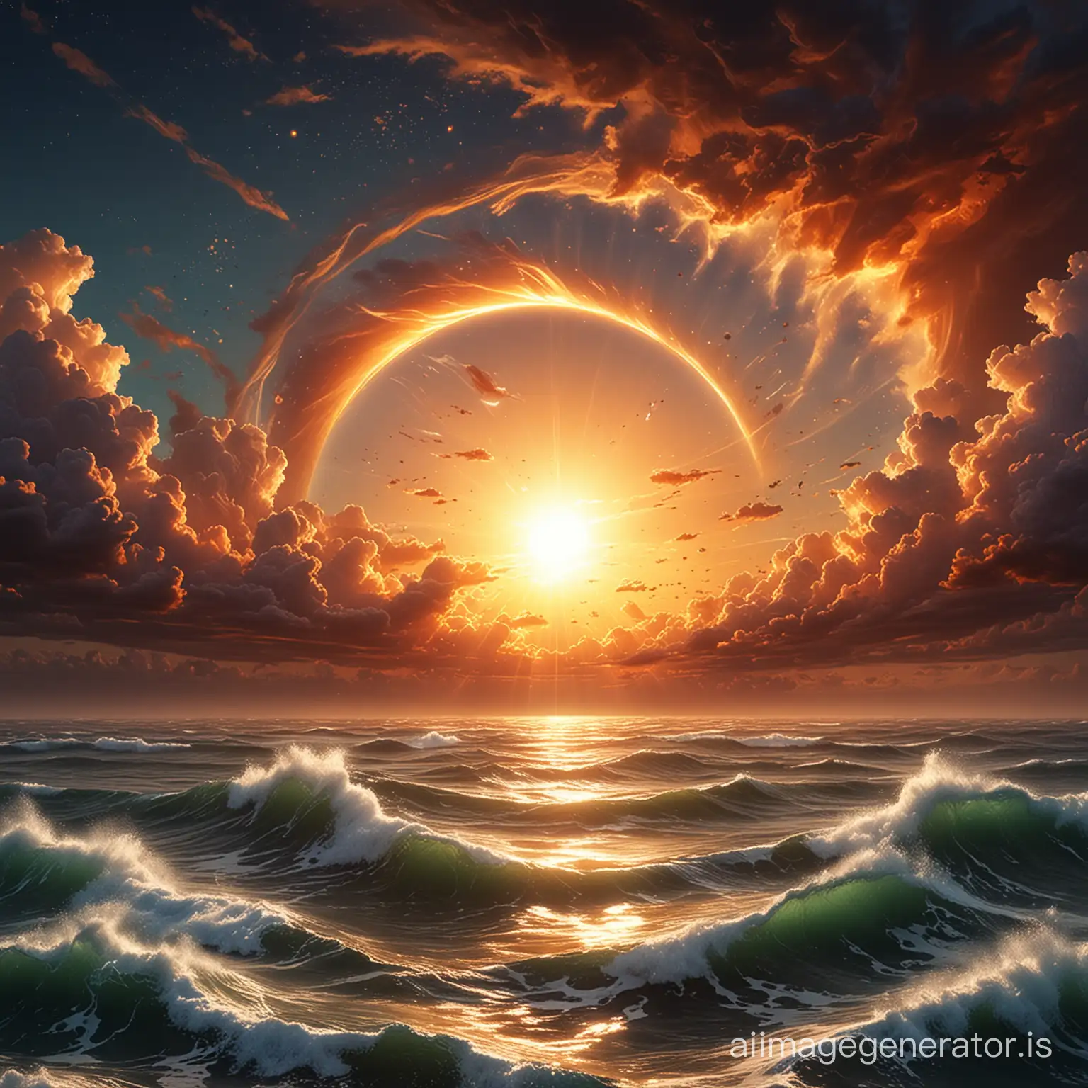 Surreal-Sunset-Sky-with-Rushing-Sun-Over-Ocean