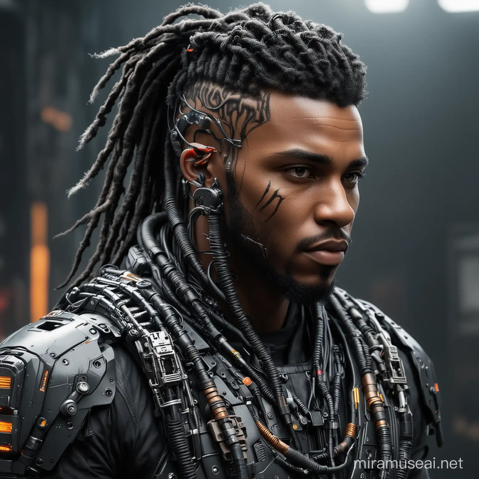 male black mech pilot electronic cable dreads cyberpunk