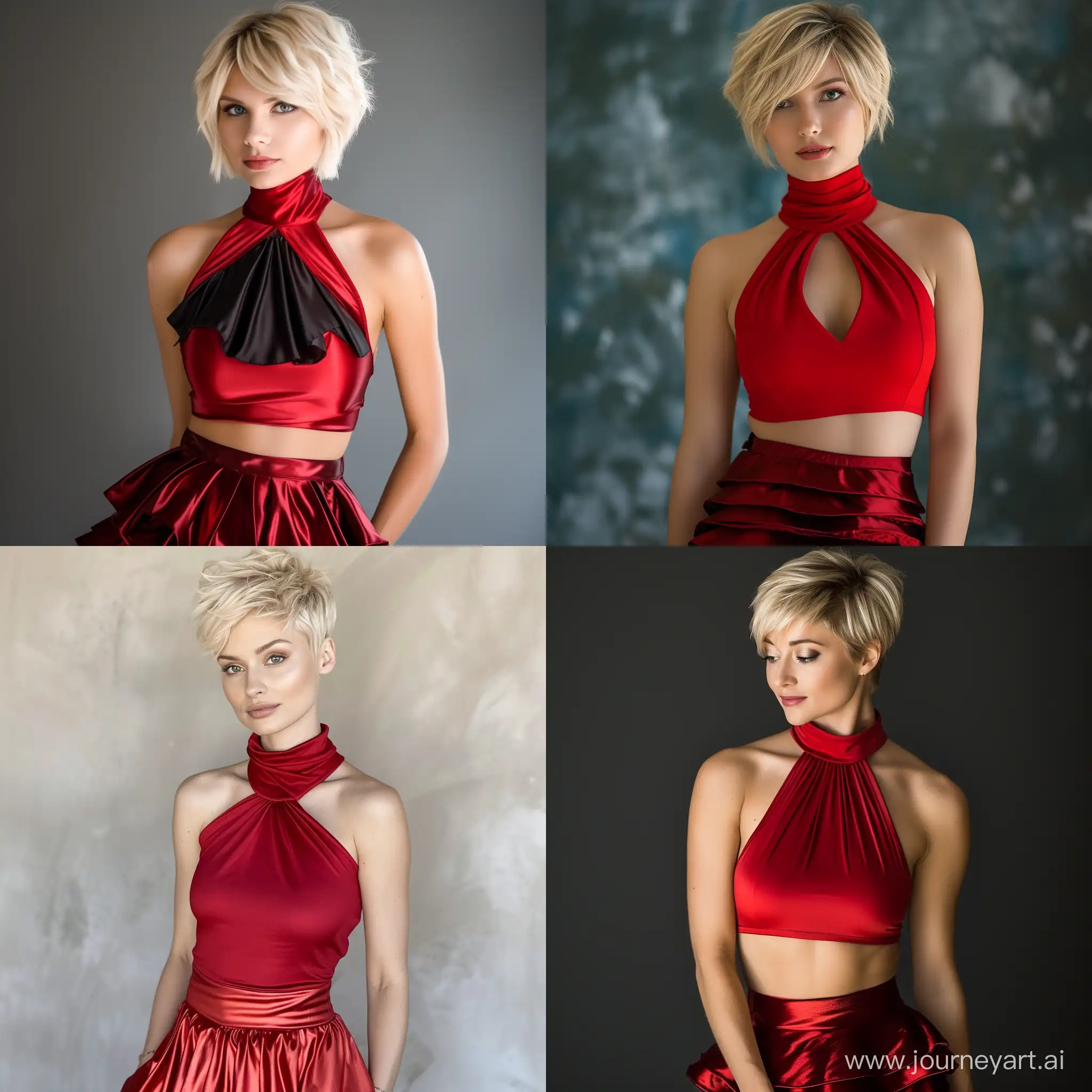 Elegant-Blonde-Woman-in-Red-Halter-Neck-and-Satin-Layered-Mini-Skirt
