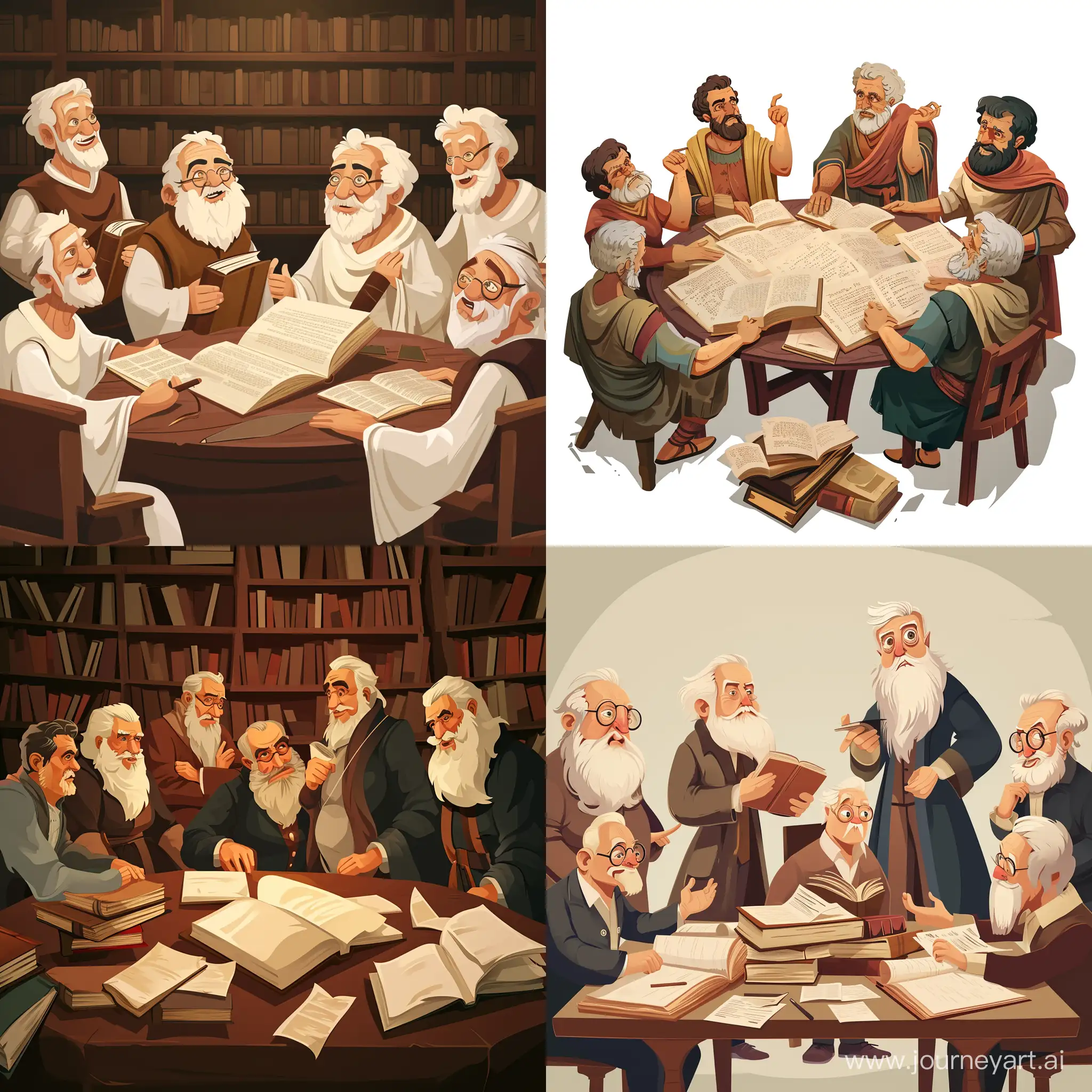 Ancient-Scholars-in-Cartoon-Style-Old-Group-Engaged-in-Studious-Pursuits