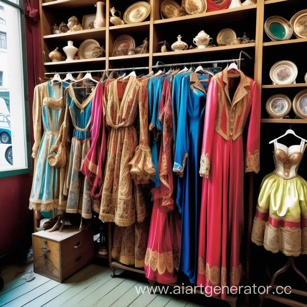 Яркие современные костюмы из шёлка среди множества полок и шкафов барахолки со старинным антиквариатом