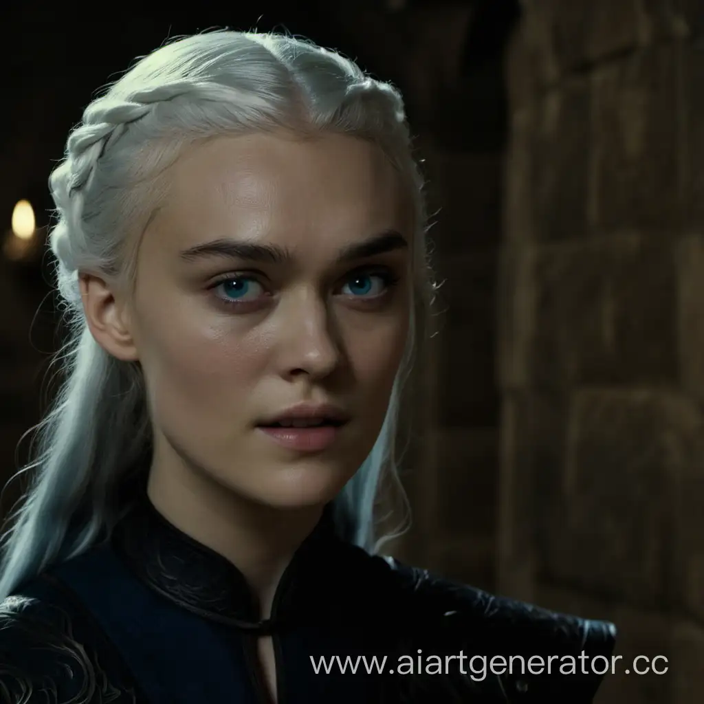 young woman, white hair, blue eyes, round face, in the castle, game of thrones series screencap, young Keira Knightley face, in black dress