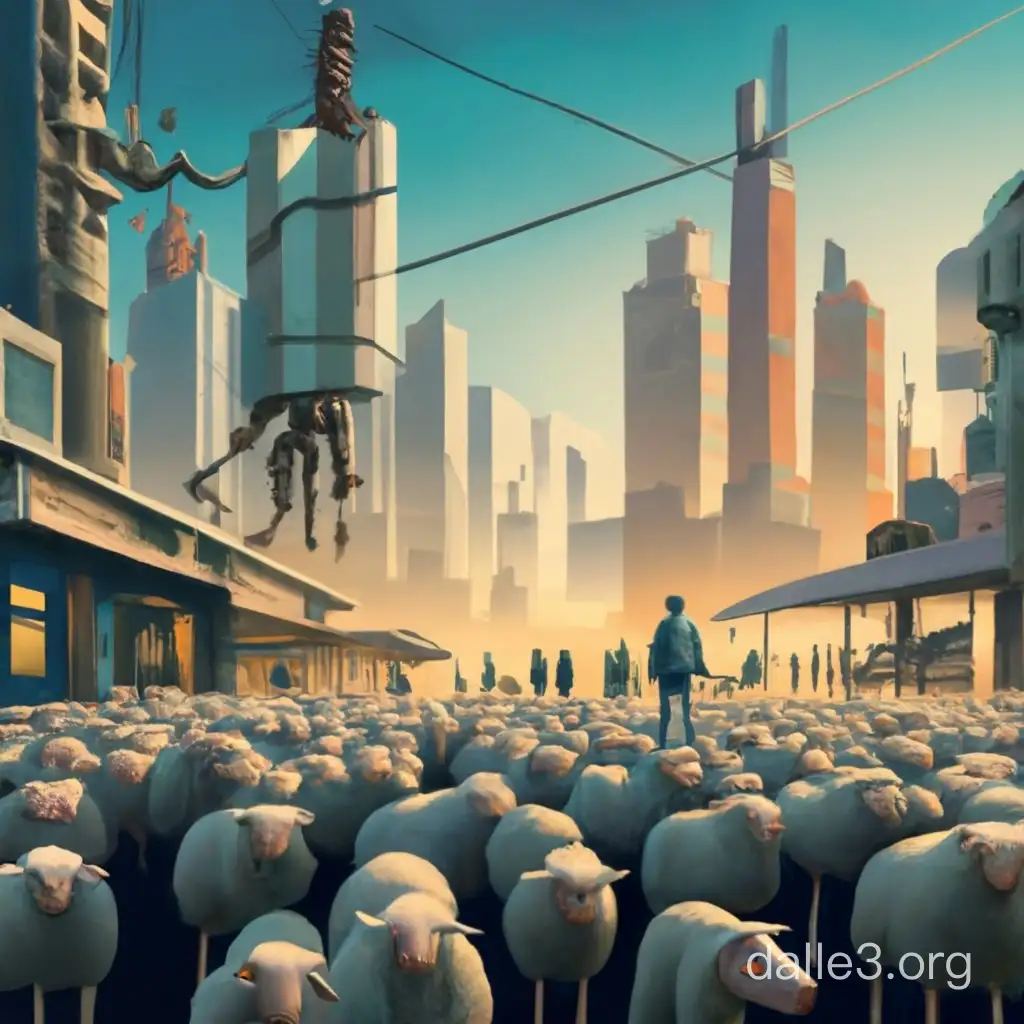 digital art of a dystopian city scape with a herd of sheep-like humans being herded by robots that look like iphones. incredibly detailed and tastefully grotesque