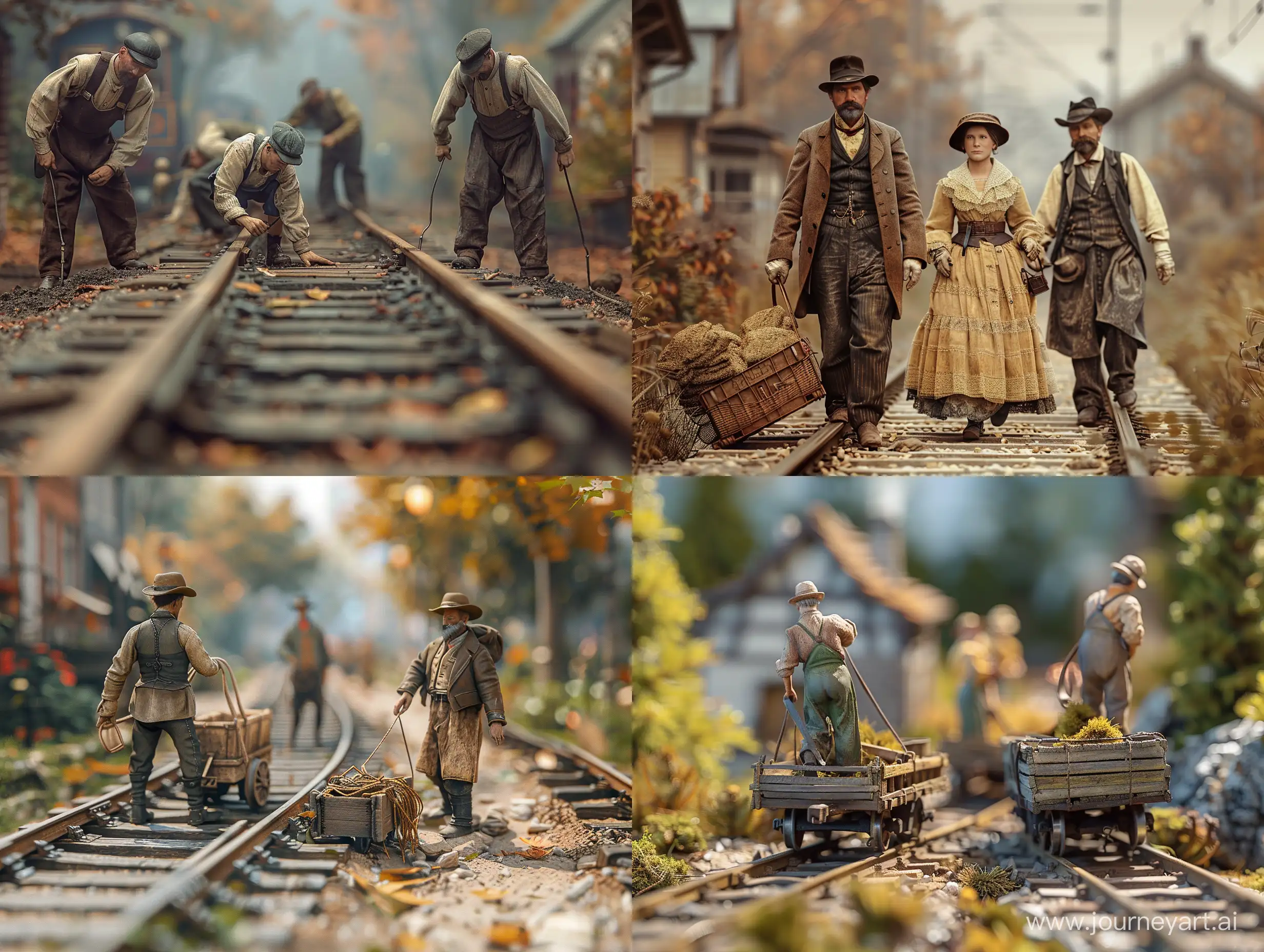 realistic Railway workers in 1850 doing their daily work on the railway in normal conditions, with realistic and precise details in a beautiful and harmonious image with professional effects, background blur, precise details and creativity highly detailed --style raw --stylize 250