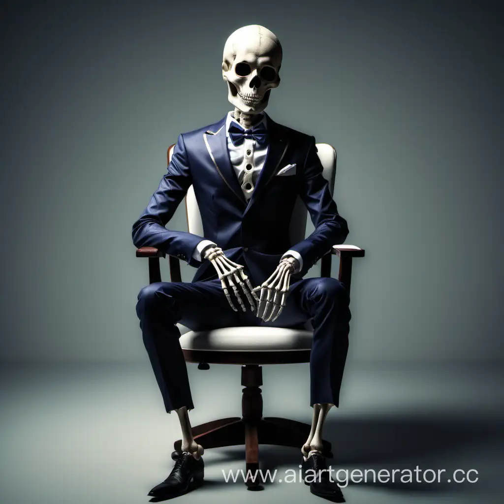 skeleton wearing a fancy formal suit and shirt. sitting on a chair. empty room only has one chair. fancy clothes and outfit.