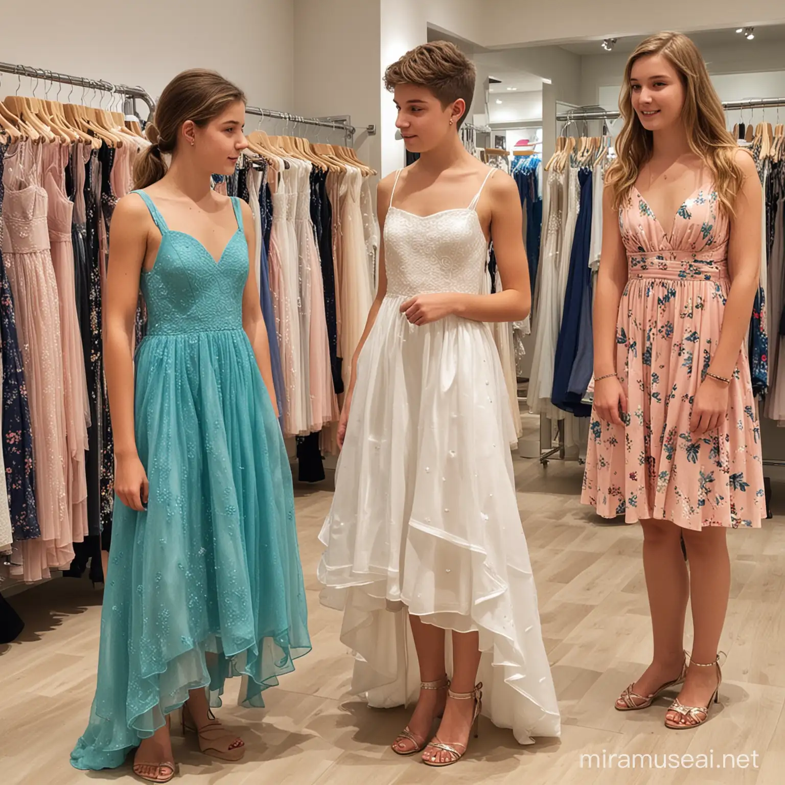 17 year old boy has to try on a dress in a boutique in front of his sisters