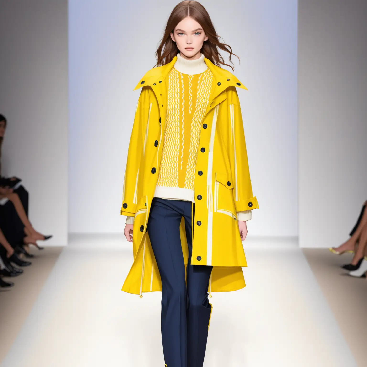 Imagine a runwa yellow raincoat with a irish fisherman sweater details in it's pattern 