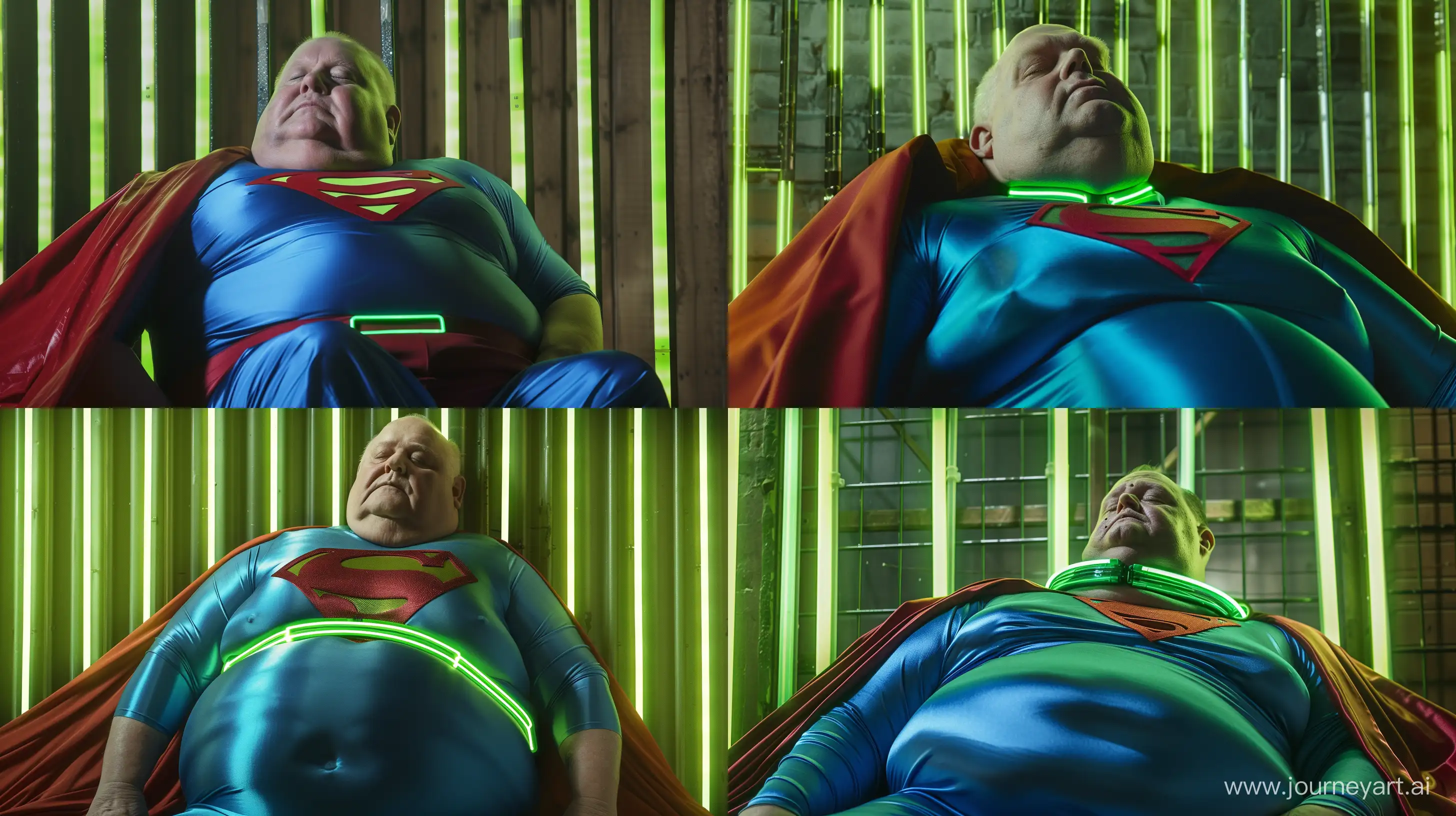 Extreme close-up shot photo of a fat man aged 60 wearing a blue silk superman tight costume with a large red cape and a tight green glowing neon dog collar. Sleeping against green glowing green neon bars. Outside. Daylight. Natural Light. --style raw --ar 16:9