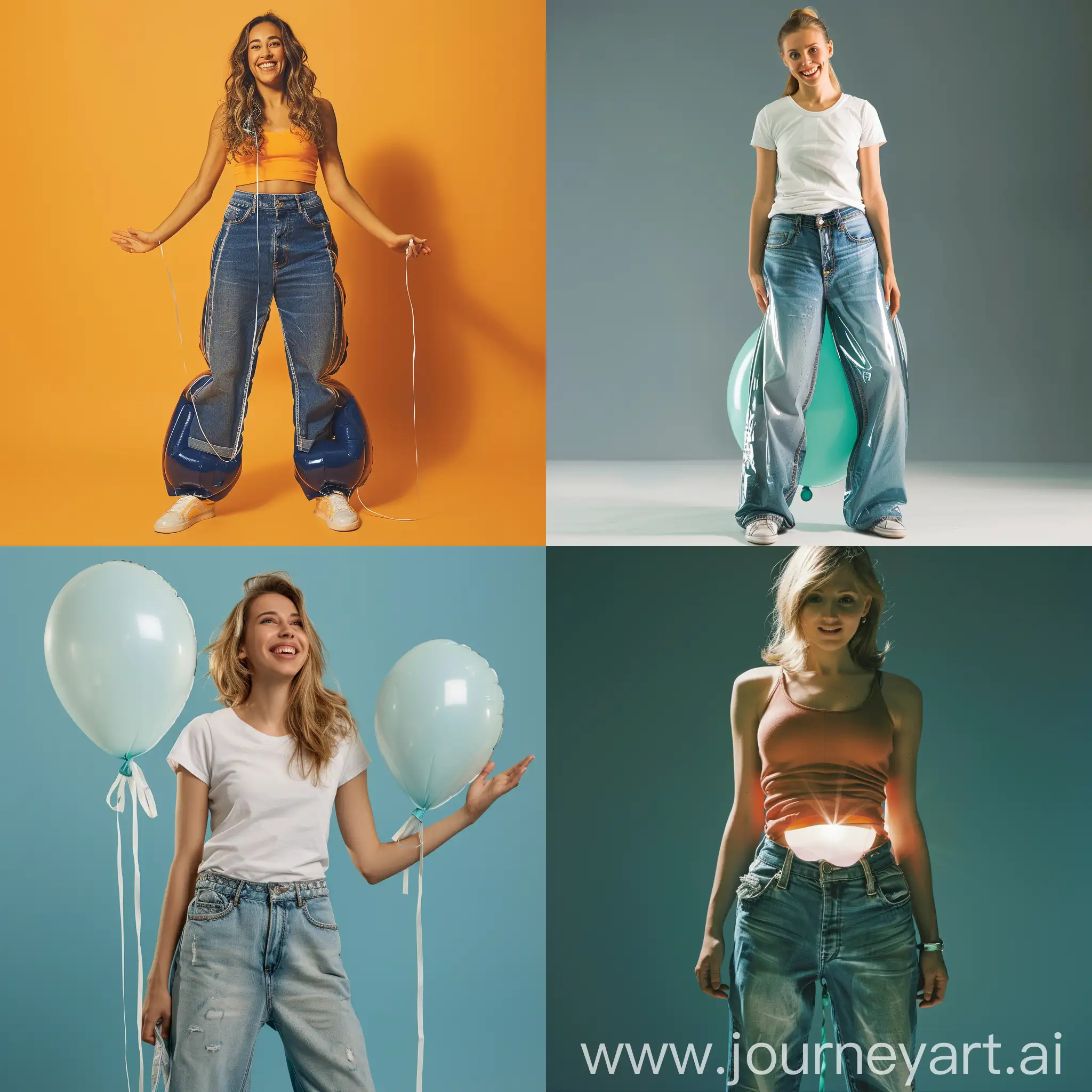 woman inflating jeans like balloon