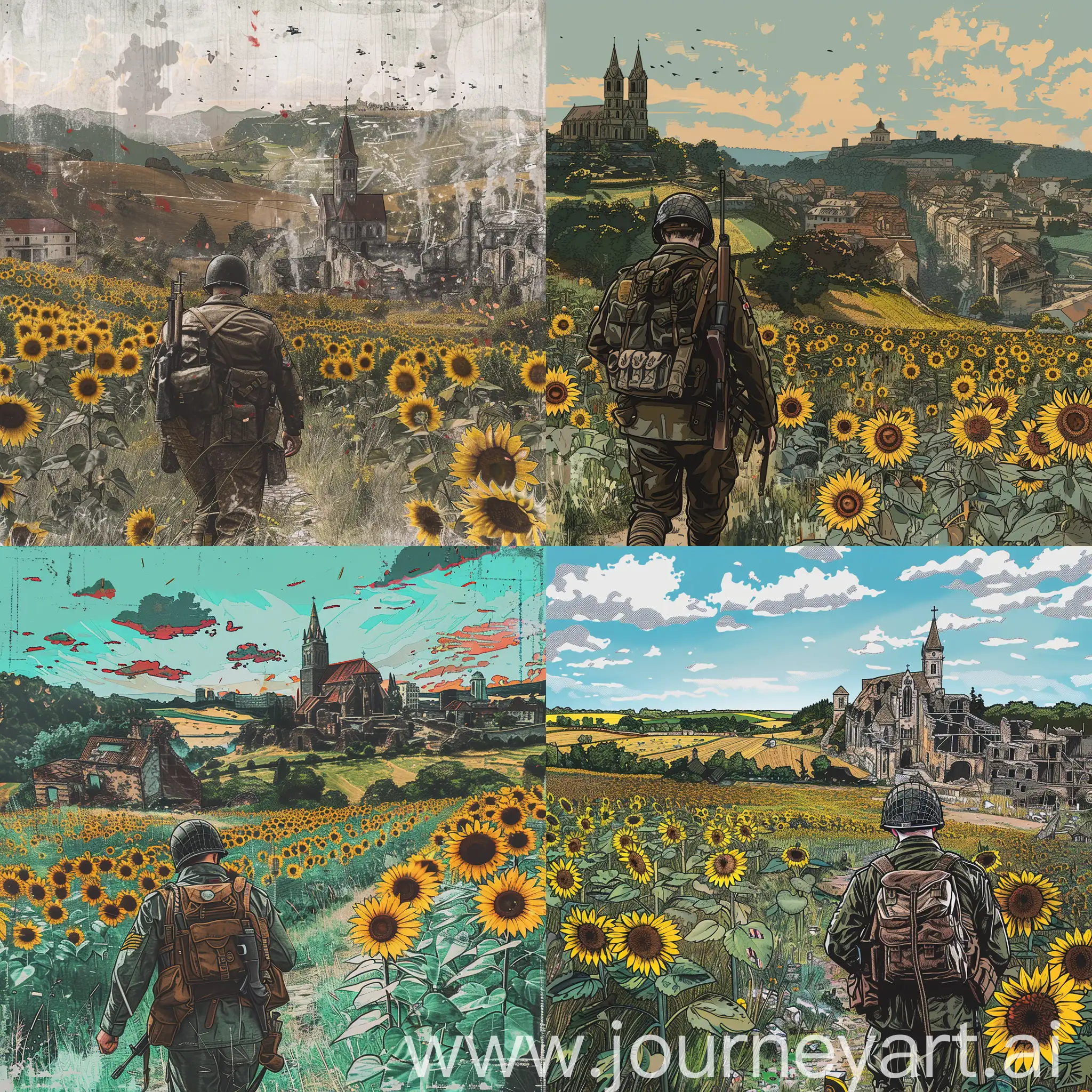 A soldier dressed in a uniform from the Second World War from the game Battlefield V walks through a field of sunflowers, and far ahead stands an old dilapidated church, and on the right a dilapidated city in a digital doodle style