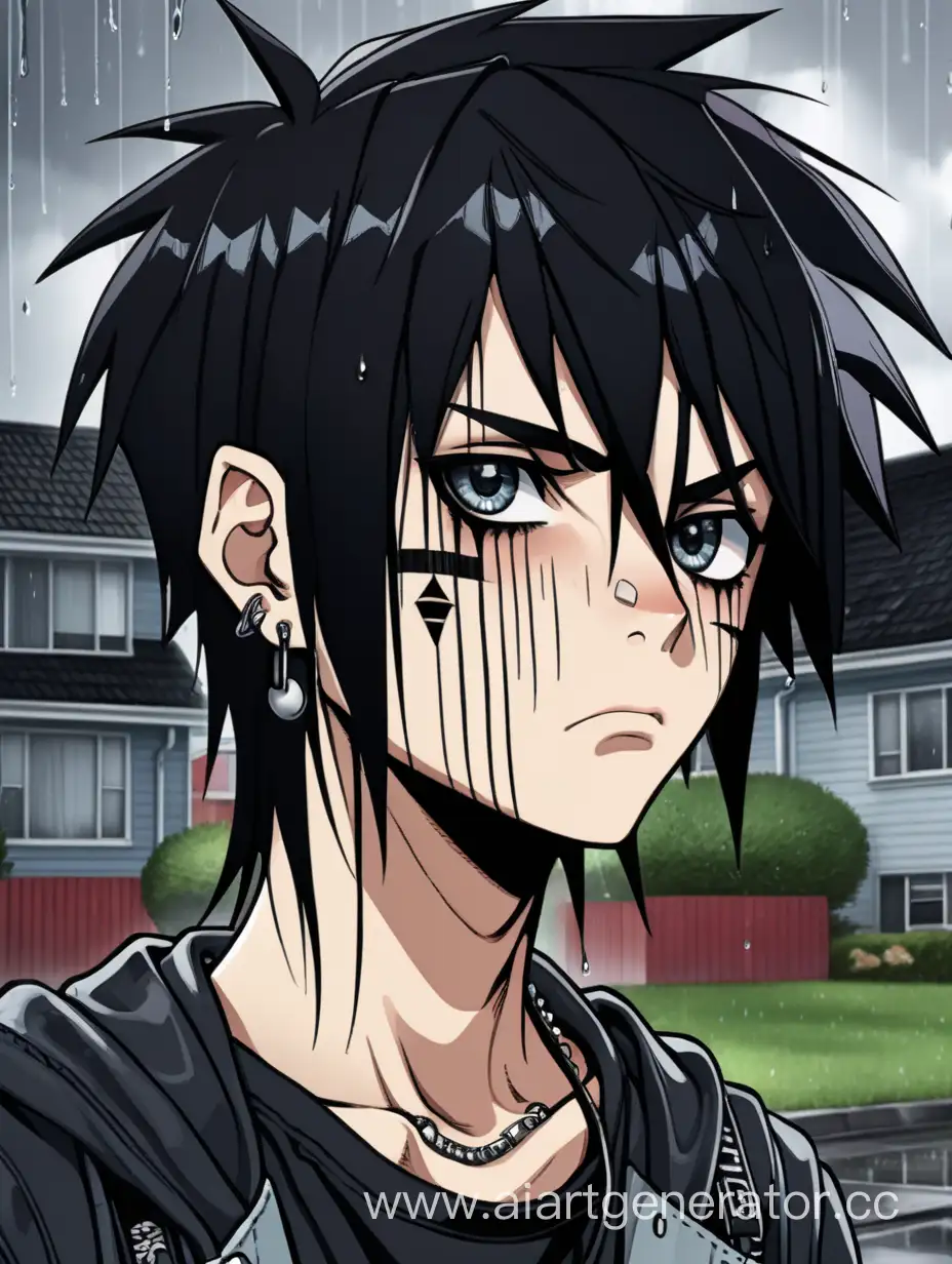 A sad and angry young anime punk boy with disheveled black hair, black eyeliner, rock band T-shirt and piercings. Background is houses and rain