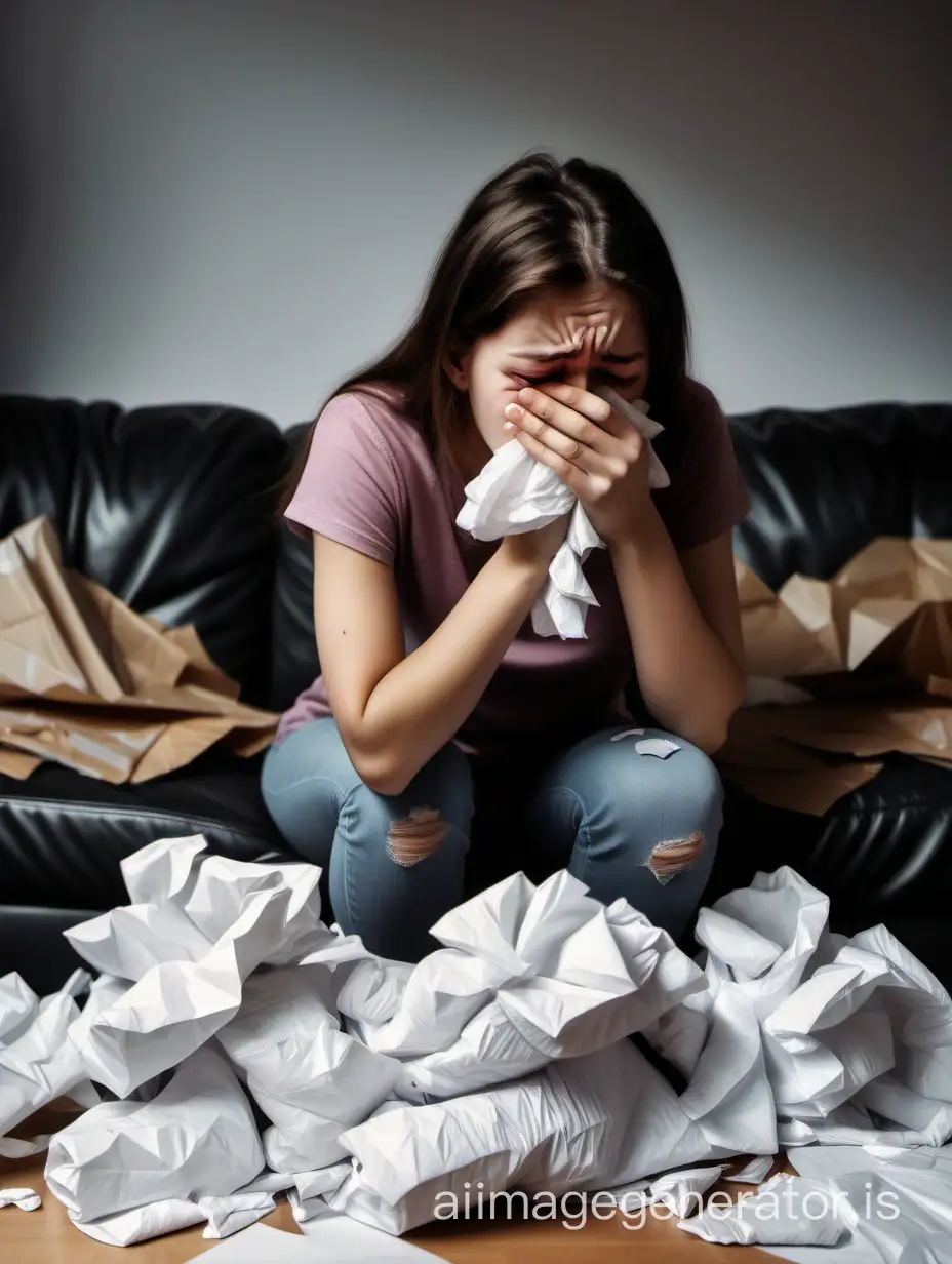 Photograph, realistic photo, a girl is sitting on the couch, the girl is crying, tears are streaming down her face, around her a pile of crumpled paper tissues, the girl is suffering because of her ex-boyfriend.