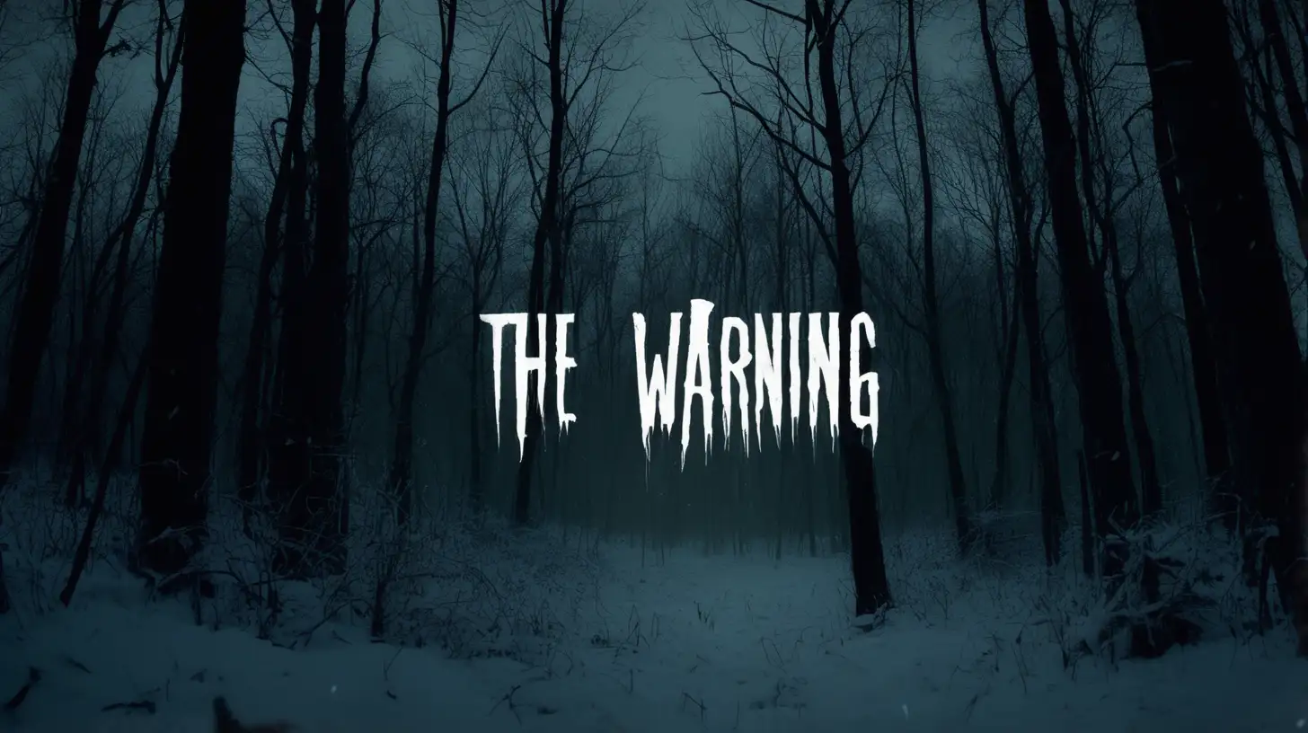 tittle screen for a horror movie called the warning about a wooded area in snowy winterland