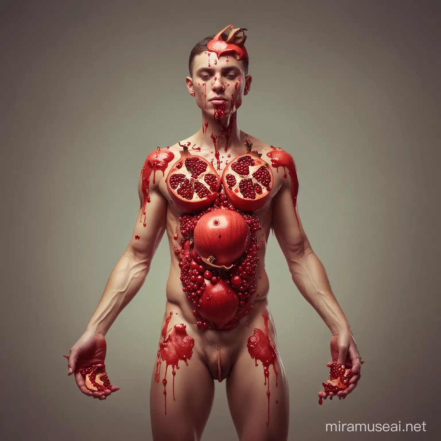 human with a pomegranate body. Put the pomegranates on the body, as bodyparts. cuts with a knife. surreal
