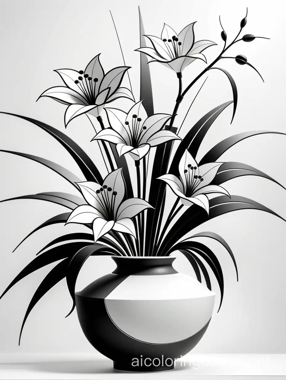 Modern ikebana, elegant illustration,  very attractive, high detail, expressionism, Cubism, Coloring Page, black and white, line art, white background, Simplicity, Ample White Space. The background of the coloring page is plain white to make it easy for young children to color within the lines. The outlines of all the subjects are easy to distinguish, making it simple for kids to color without too much difficulty