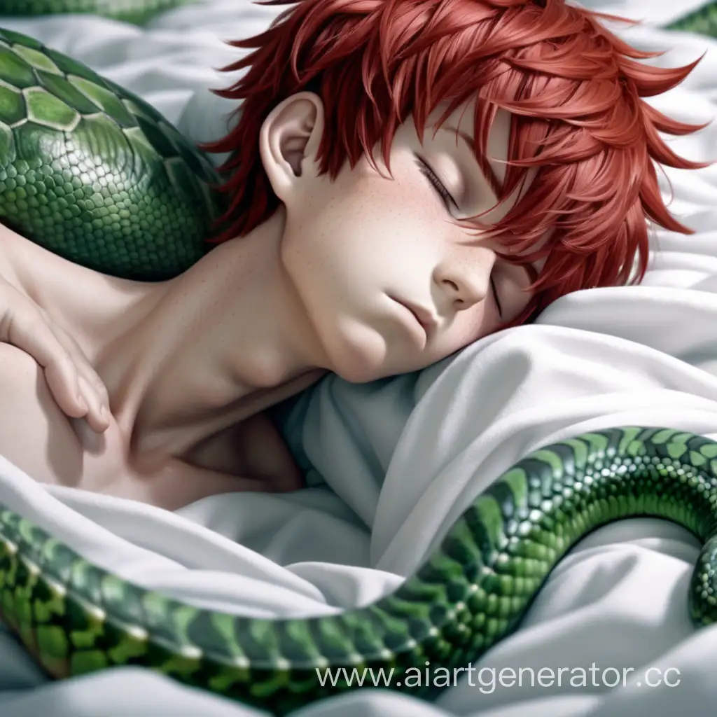 Рыжий аниме спящий мальчик лежит под белой тканью и постепенно покрывается зелёной чешуёй рептилий. Аниме, #realistic #horor #4k 