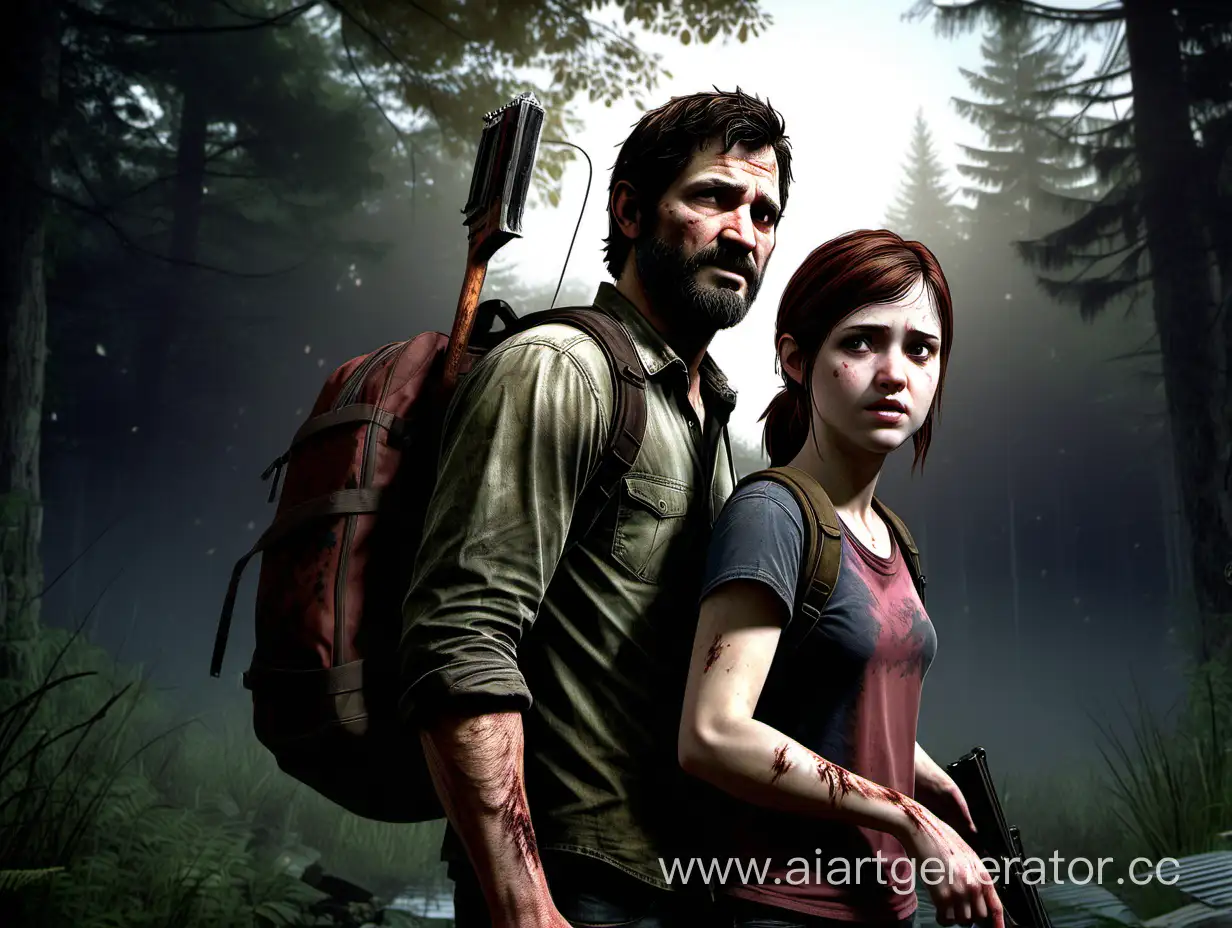 Joel and Ellie from The last of us in the style of horror twilight